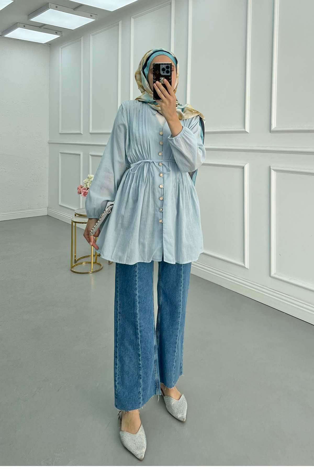 Sare Fashion Pleated Button Detailed Shirt Baby Blue
