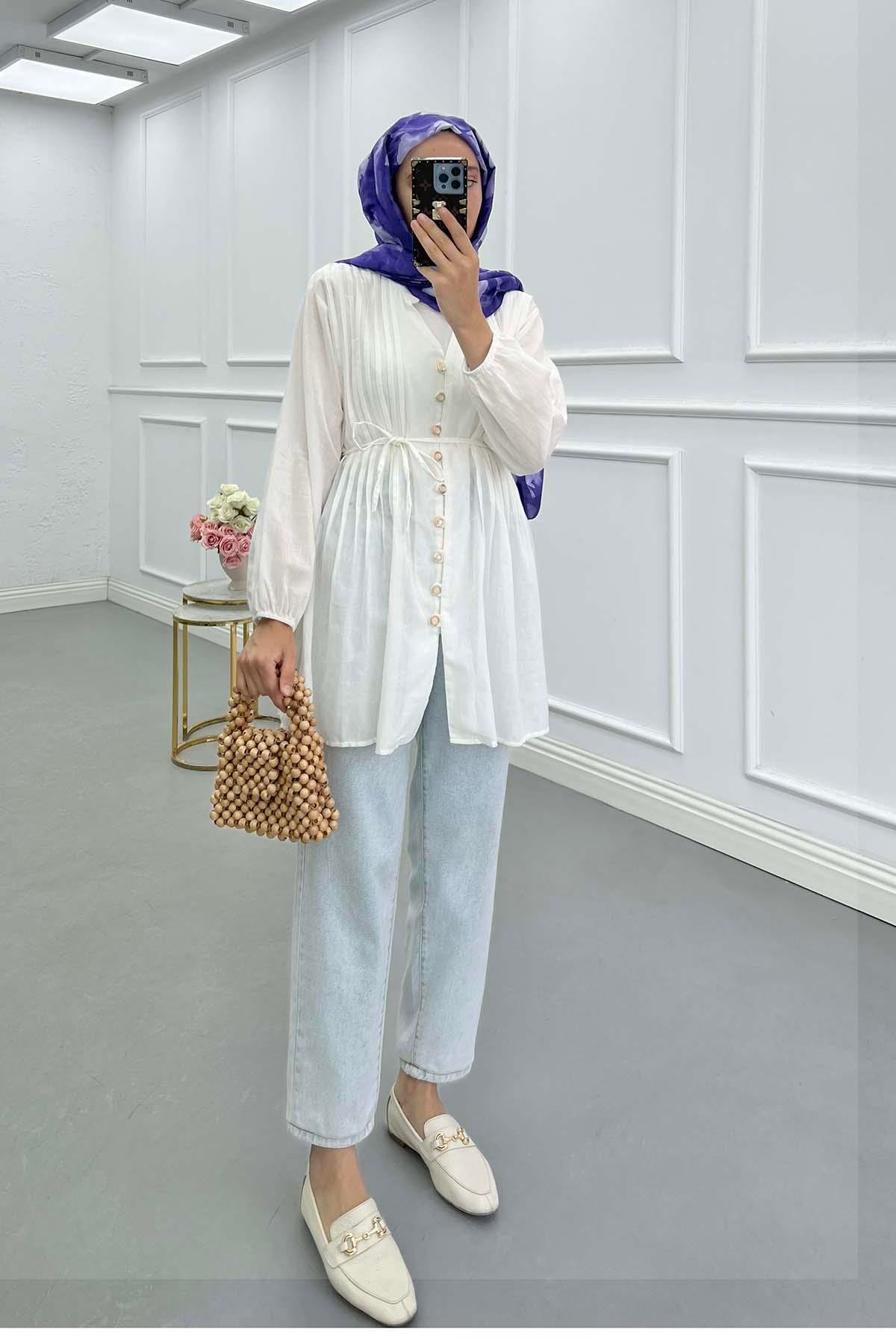 Sare Fashion Pleated Button Detailed Shirt White