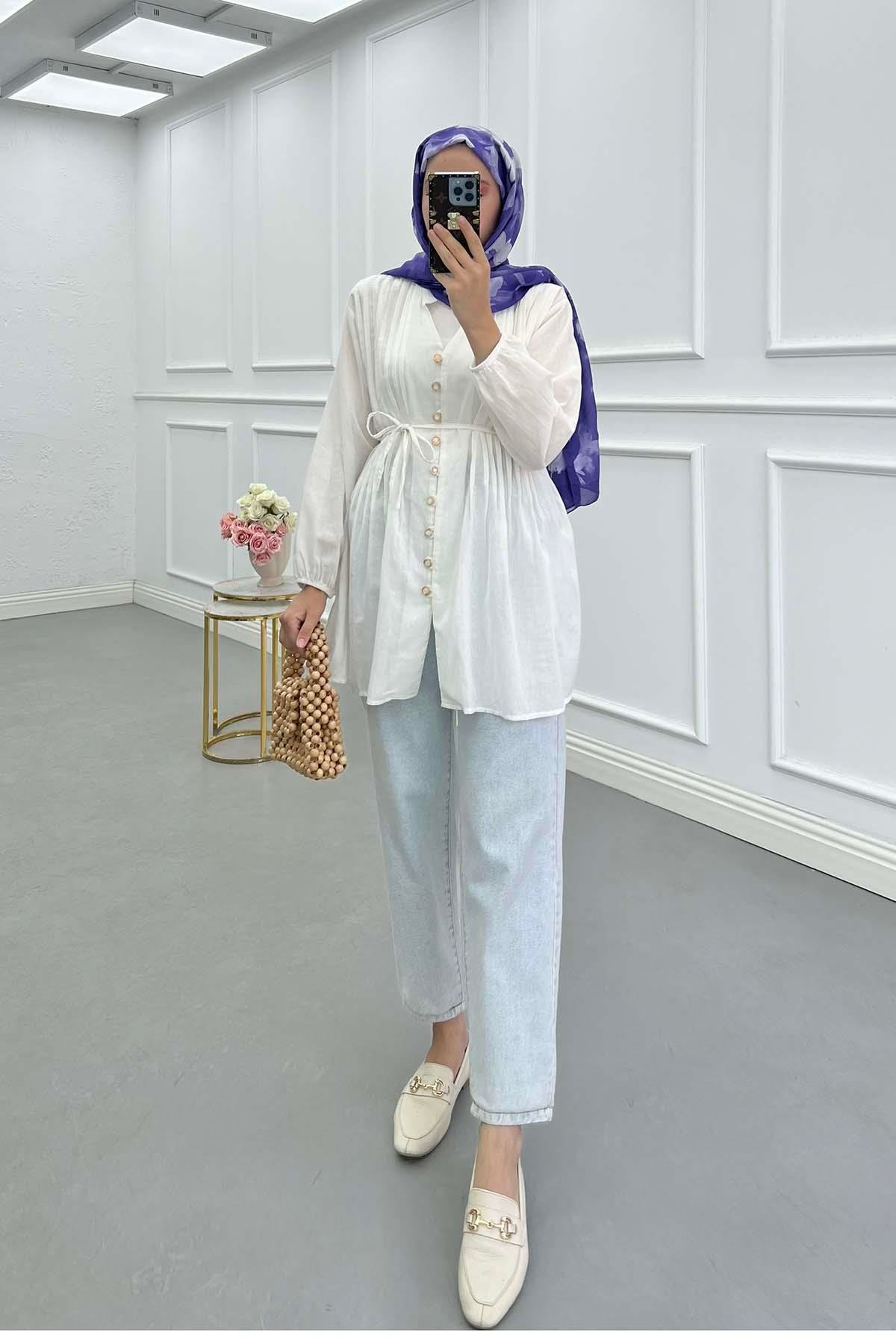 Sare Fashion Pleated Button Detailed Shirt White