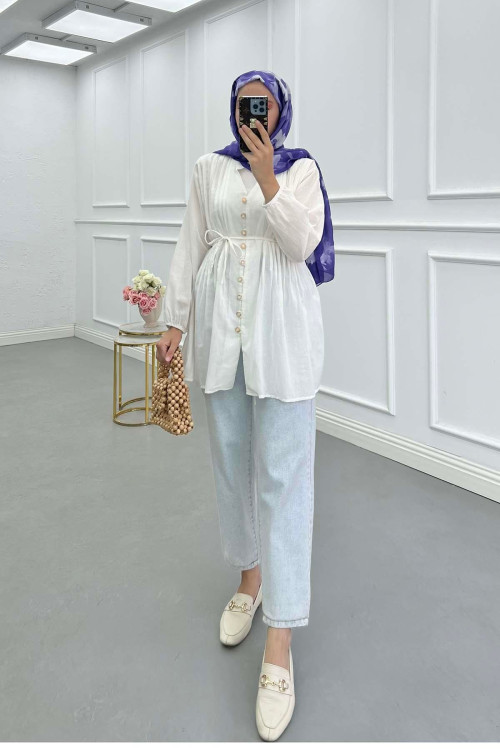 Sare Fashion Pleated Button Detailed Shirt White