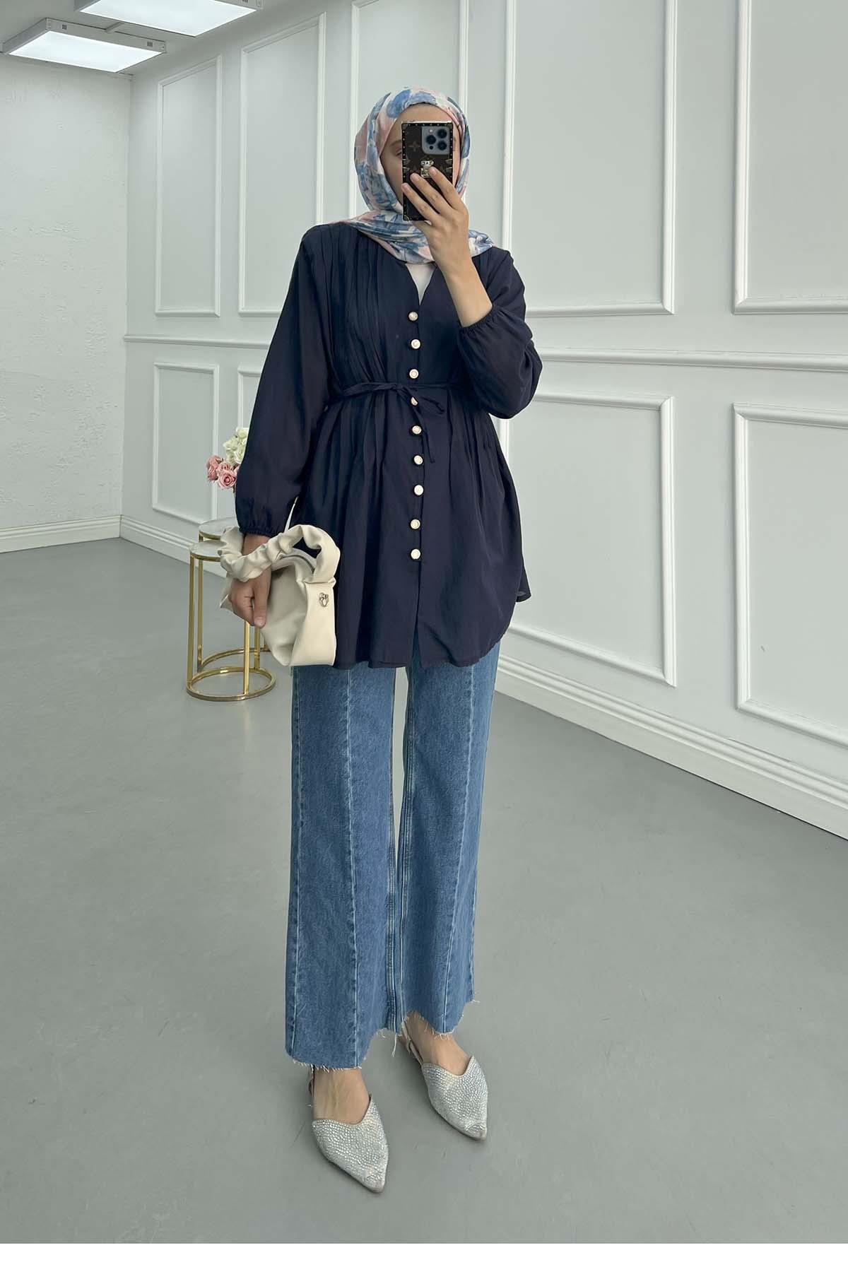Sare Fashion Pleated Button Detailed Shirt Navy Blue