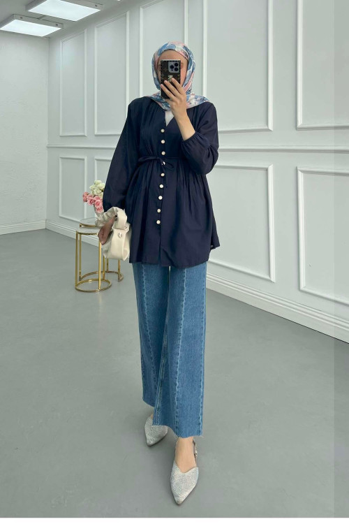 Sare Fashion Pleated Button Detailed Shirt Navy Blue