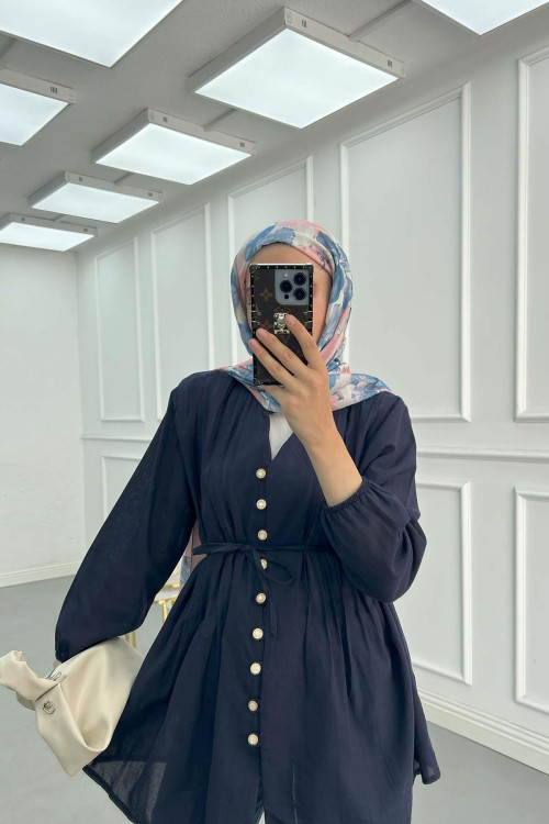 Sare Fashion Pleated Button Detailed Shirt Navy Blue