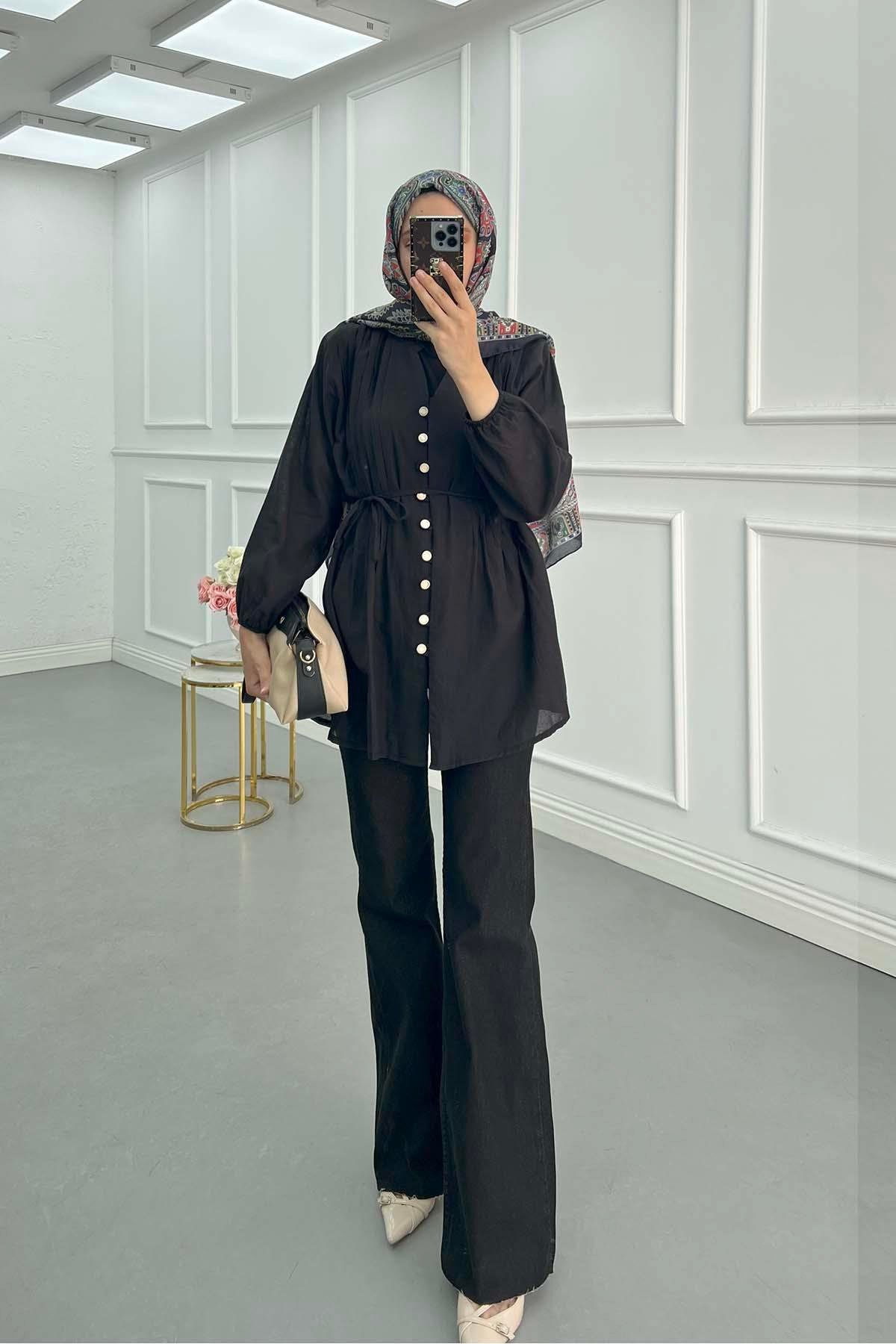 Sare Fashion Pleated Button Detailed Shirt Black
