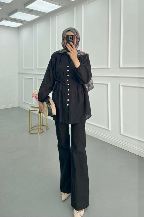 Sare Fashion Pleated Button Detailed Shirt Black