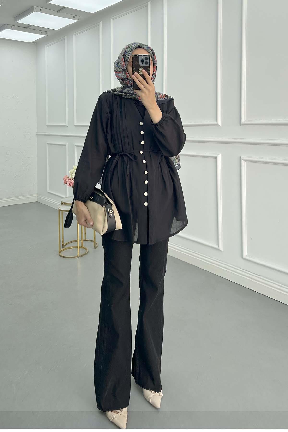 Sare Fashion Pleated Button Detailed Shirt Black