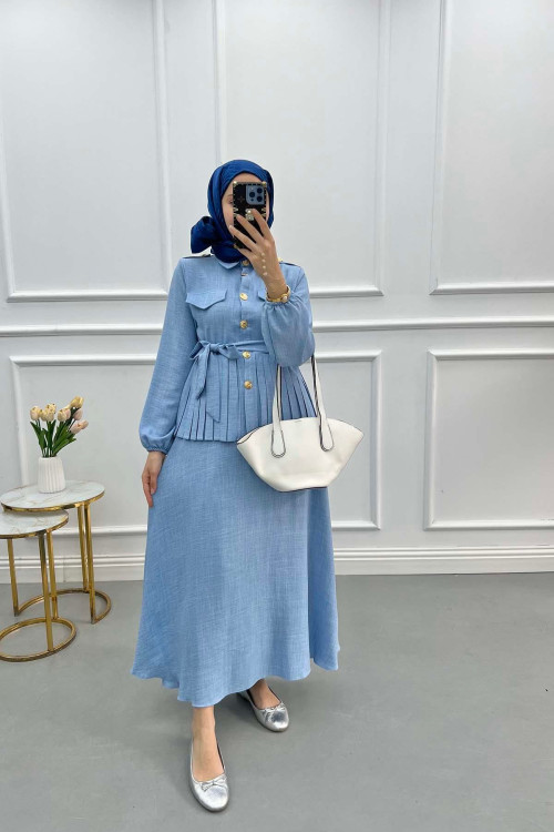 Pleated Skirt Suit Light Blue