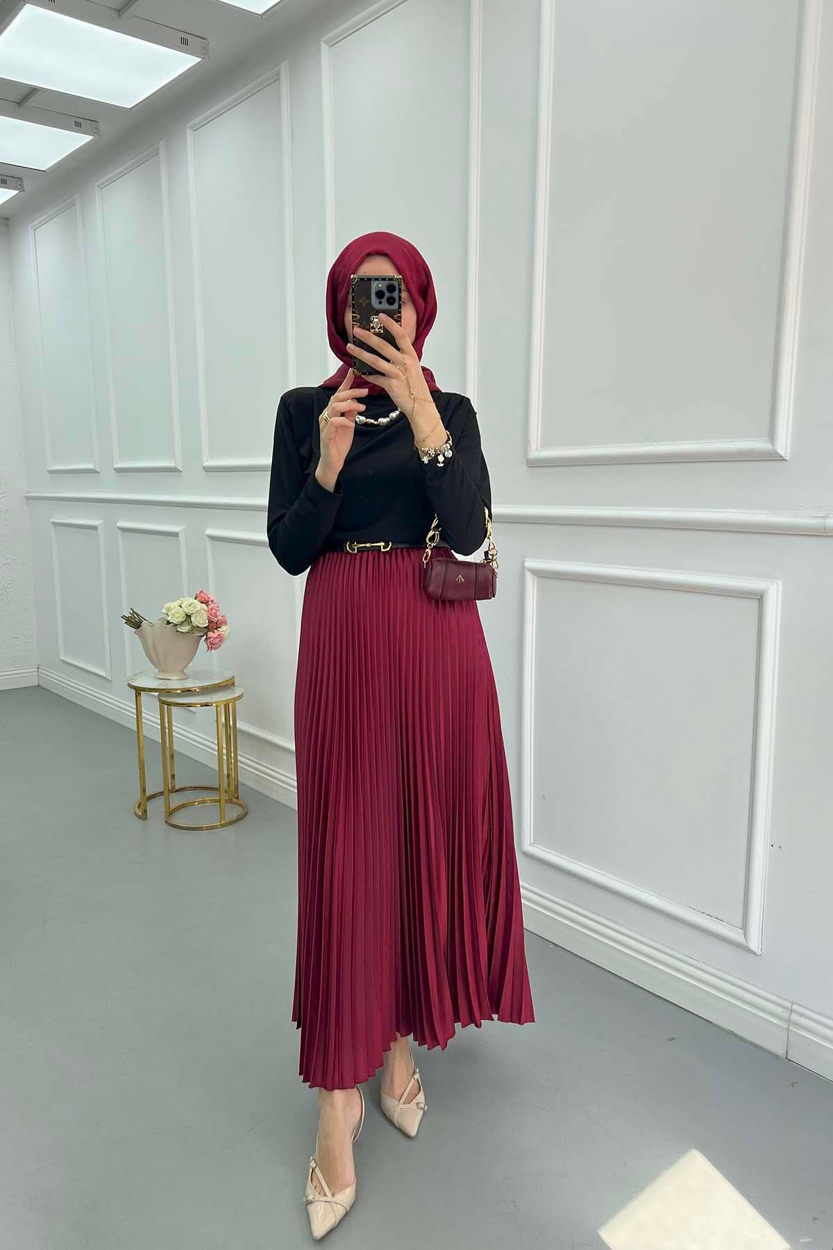 Sare Fashion Pleated Satin Skirt Claret Red