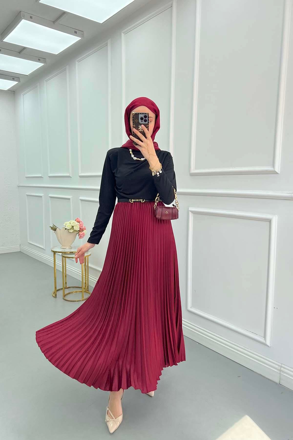 Sare Fashion Pleated Satin Skirt Claret Red