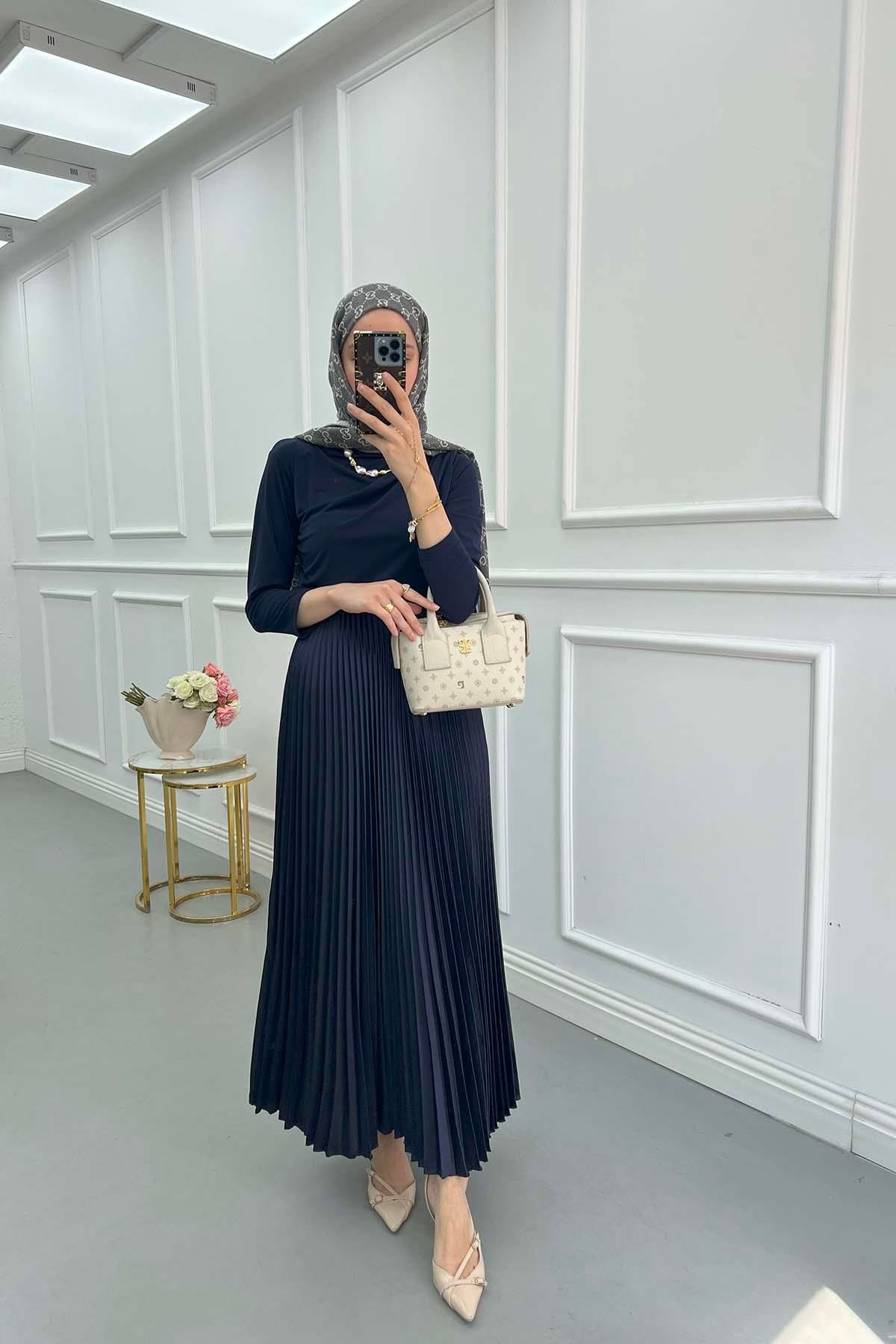 Sare Fashion Pleated Satin Skirt Navy Blue