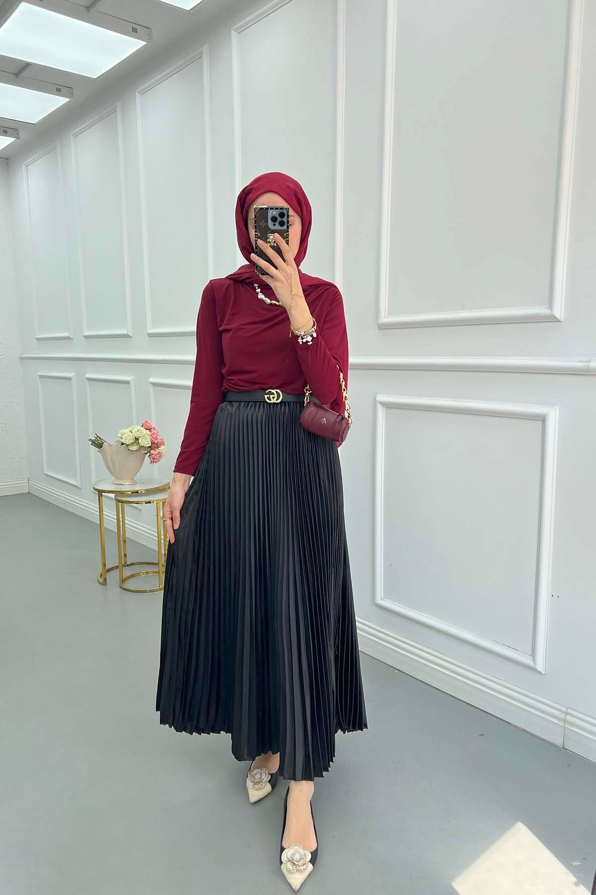 Sare Fashion Pleated Satin Skirt Black