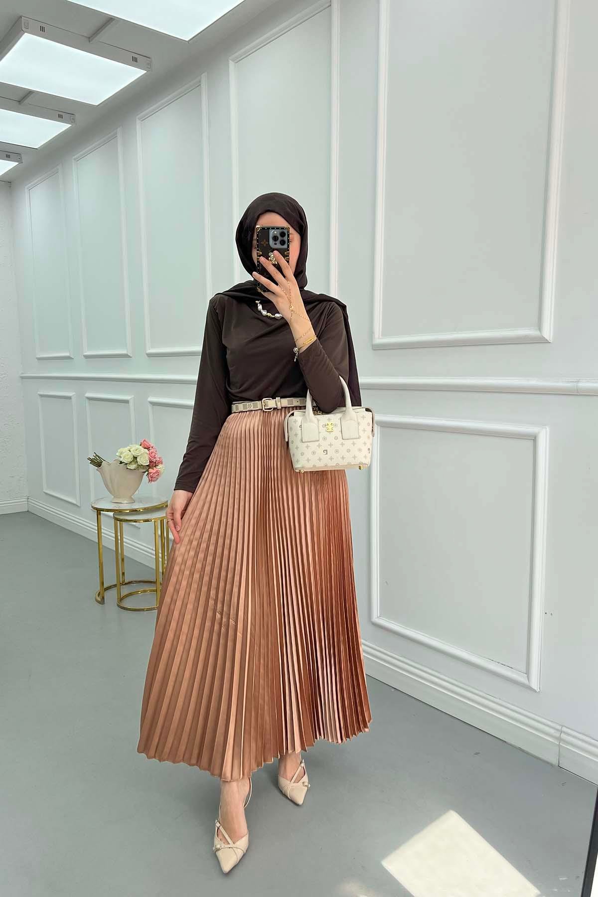 Sare Fashion Pleated Satin Skirt Cinnamon