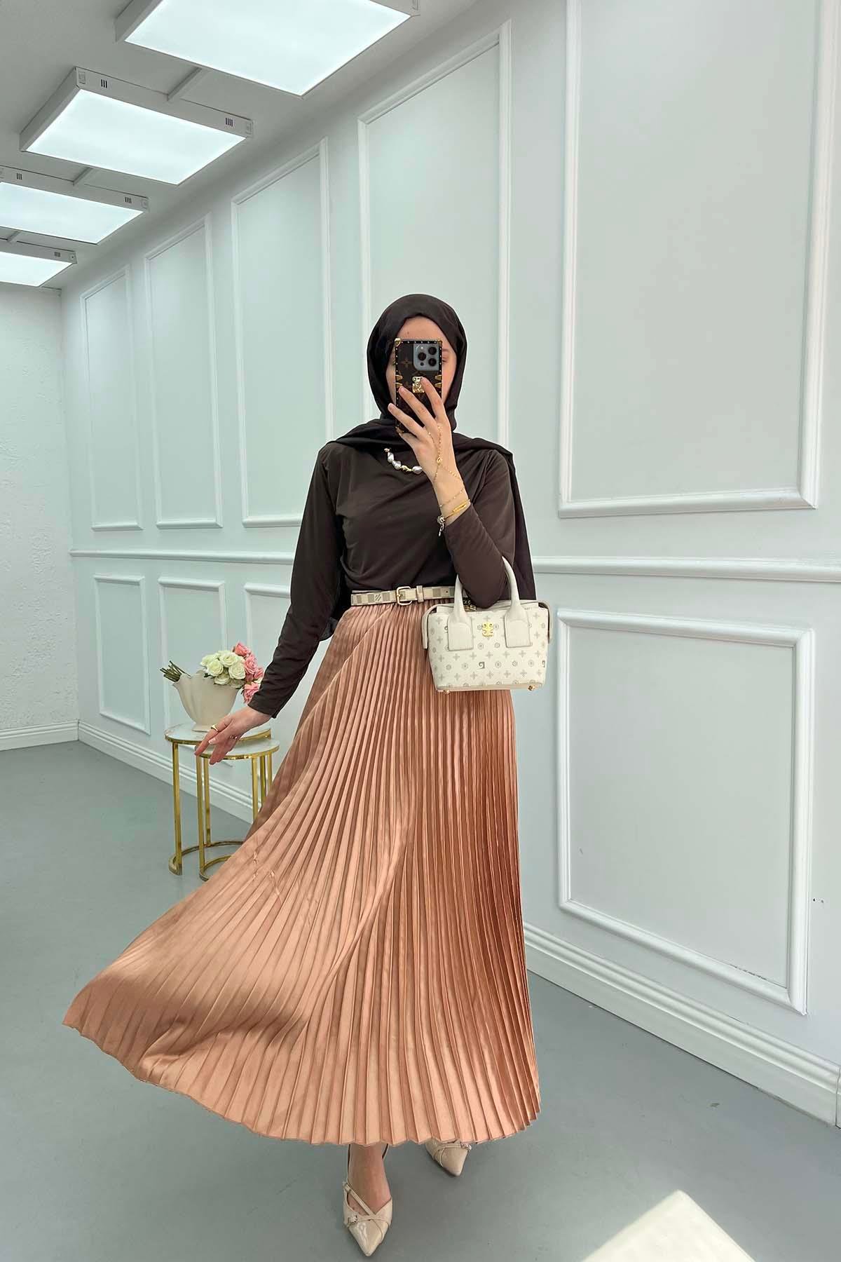 Sare Fashion Pleated Satin Skirt Cinnamon