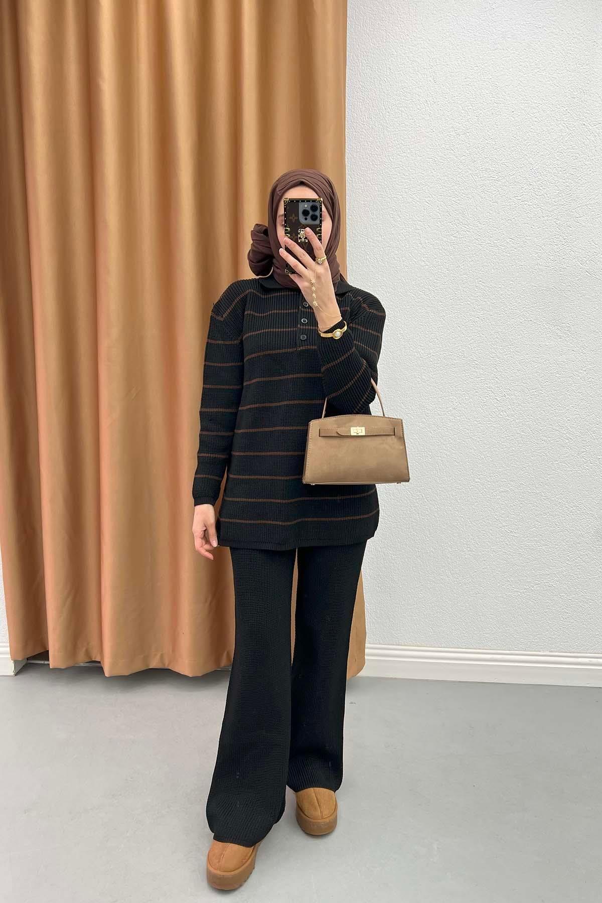 Polo Collar Striped Suit Black