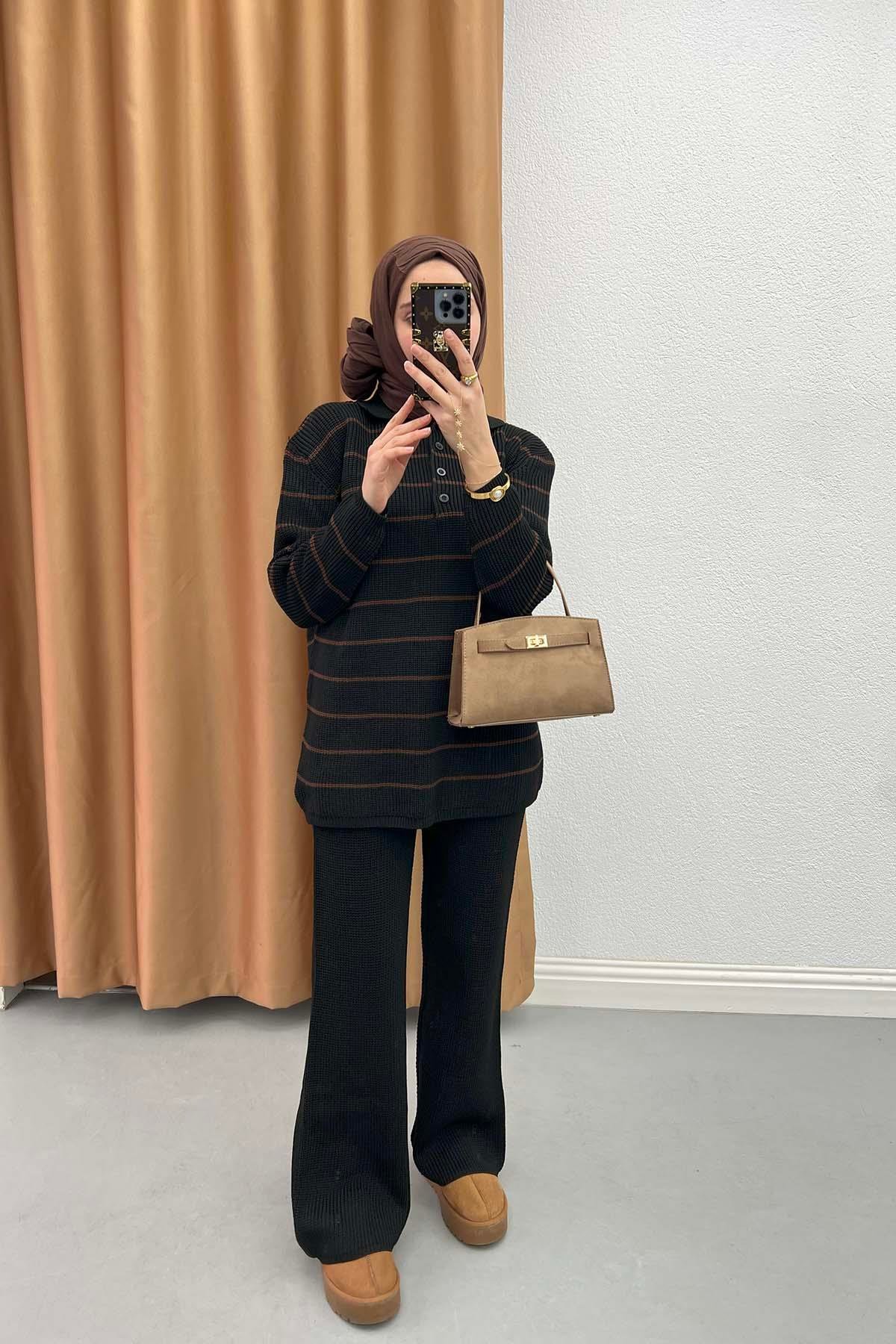 Polo Collar Striped Suit Black