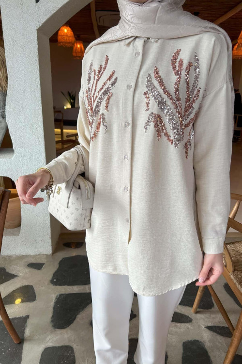 Sare Fashion Sequin Patterned Shirt Beige