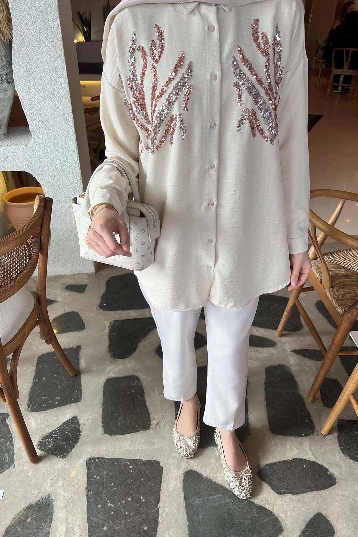 Sare Fashion Sequin Patterned Shirt Beige