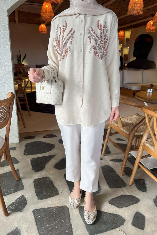 Sare Fashion Sequin Patterned Shirt Beige