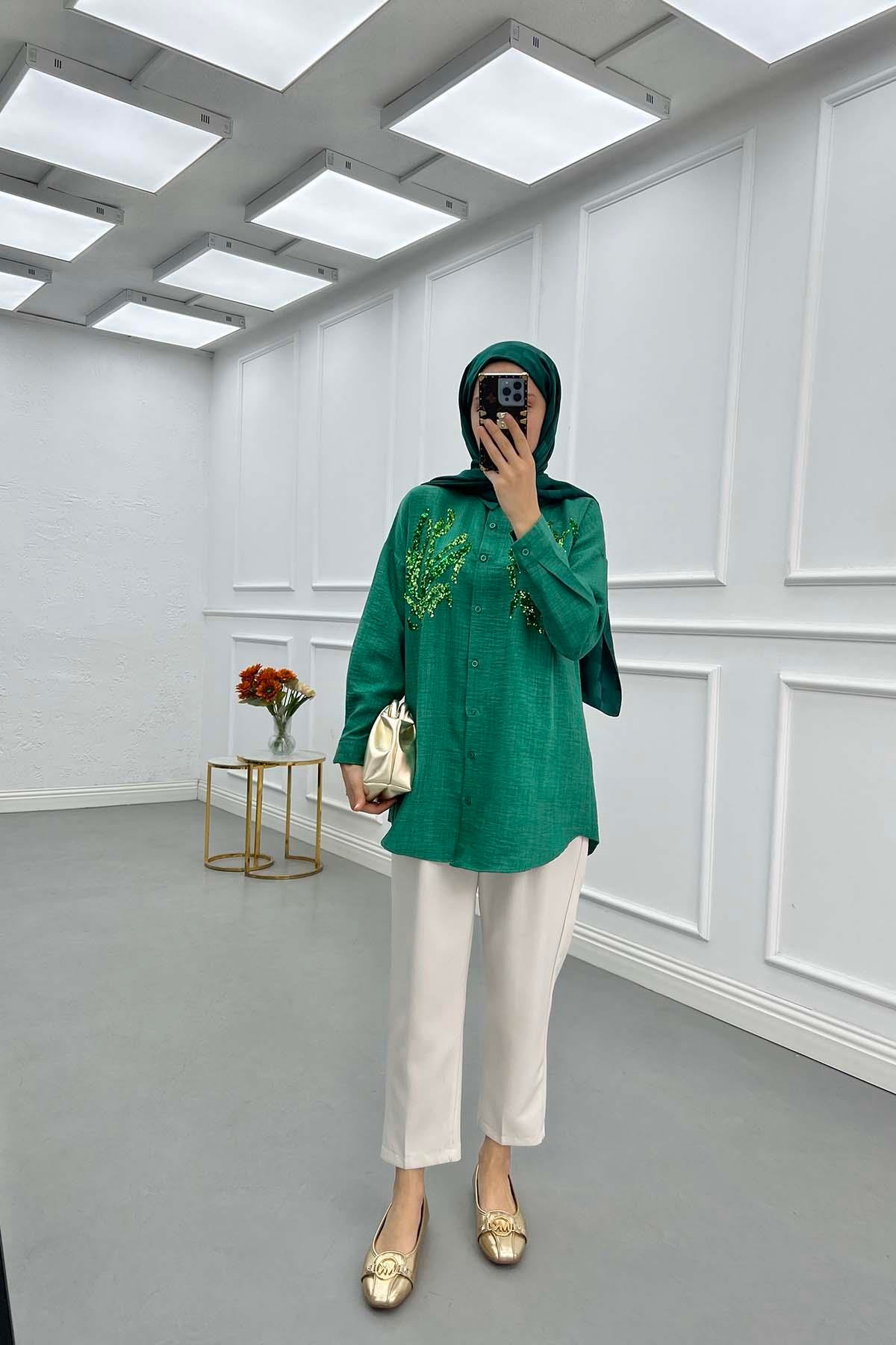 Sare Fashion Sequin Patterned Shirt Benetton Green
