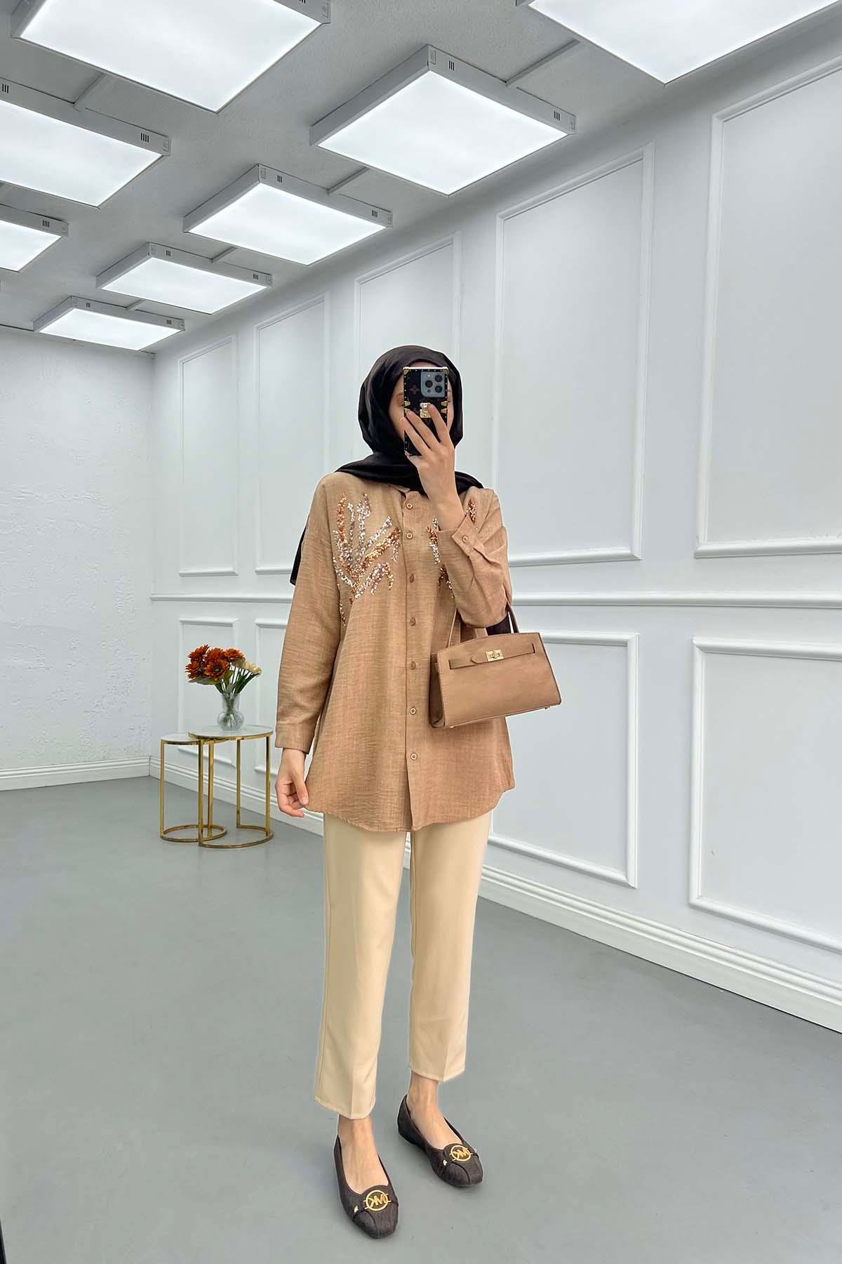 Sare Fashion Sequin Patterned Shirt Camel