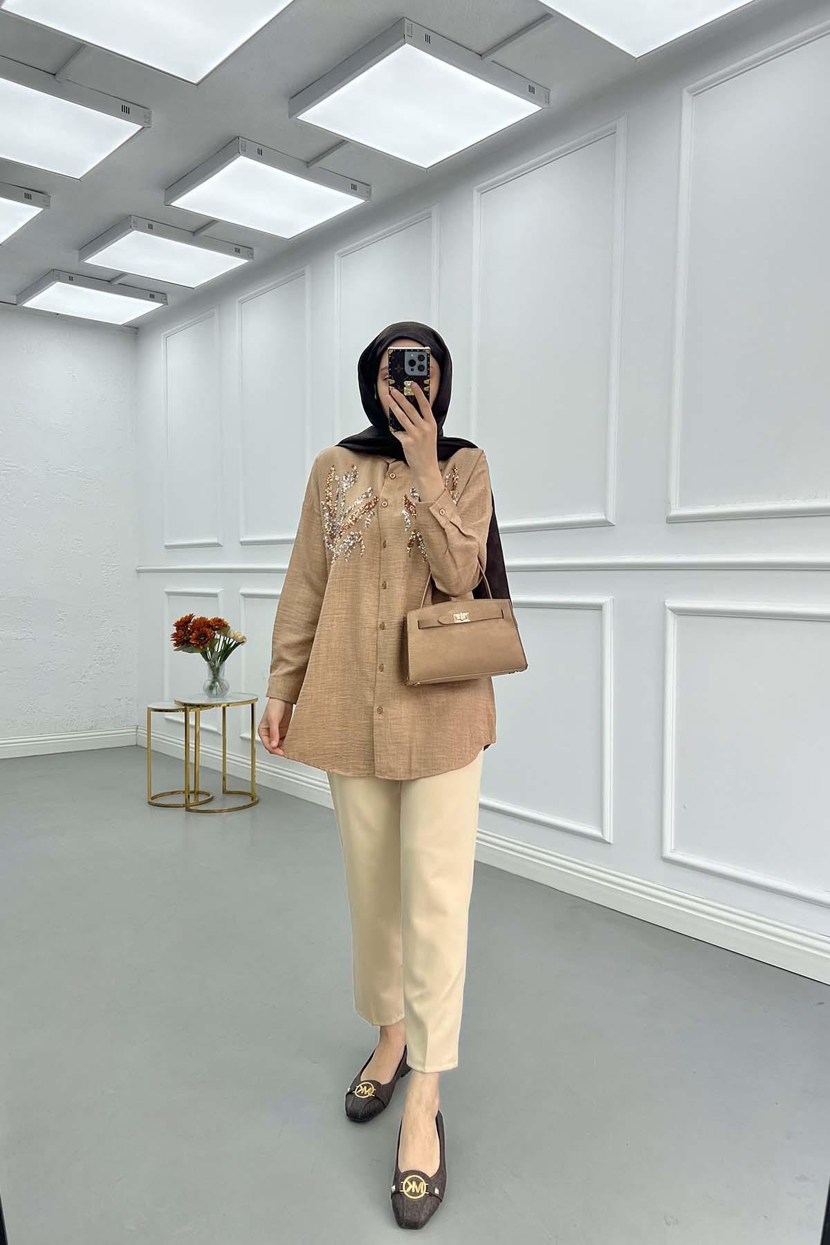 Sare Fashion Sequin Patterned Shirt Camel