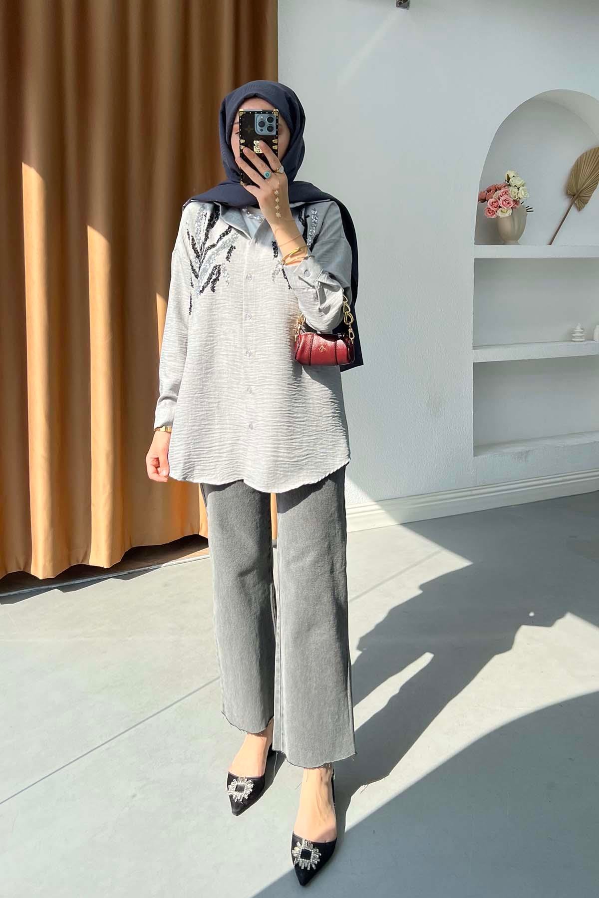 Sare Fashion Sequin Patterned Shirt Gray