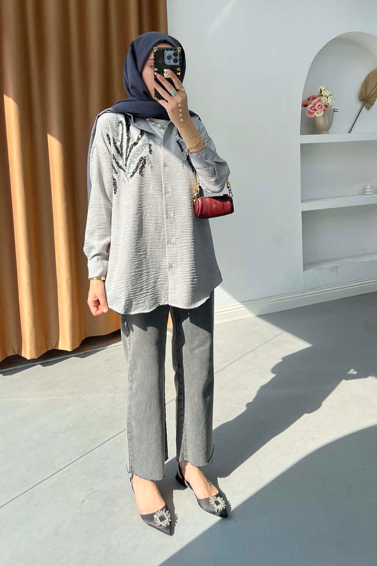 Sare Fashion Sequin Patterned Shirt Gray