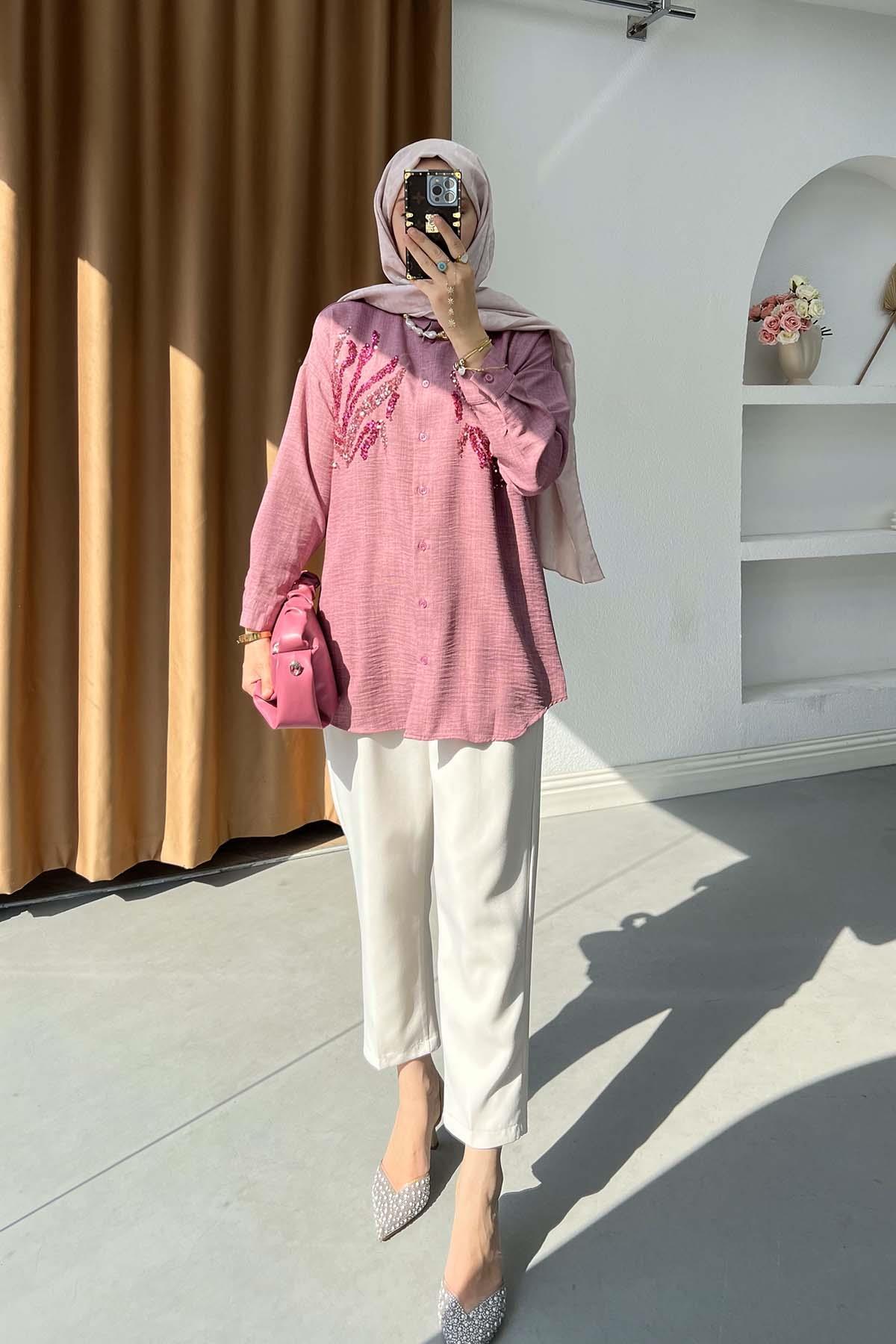 Sare Fashion Sequin Patterned Shirt Dusty Rose