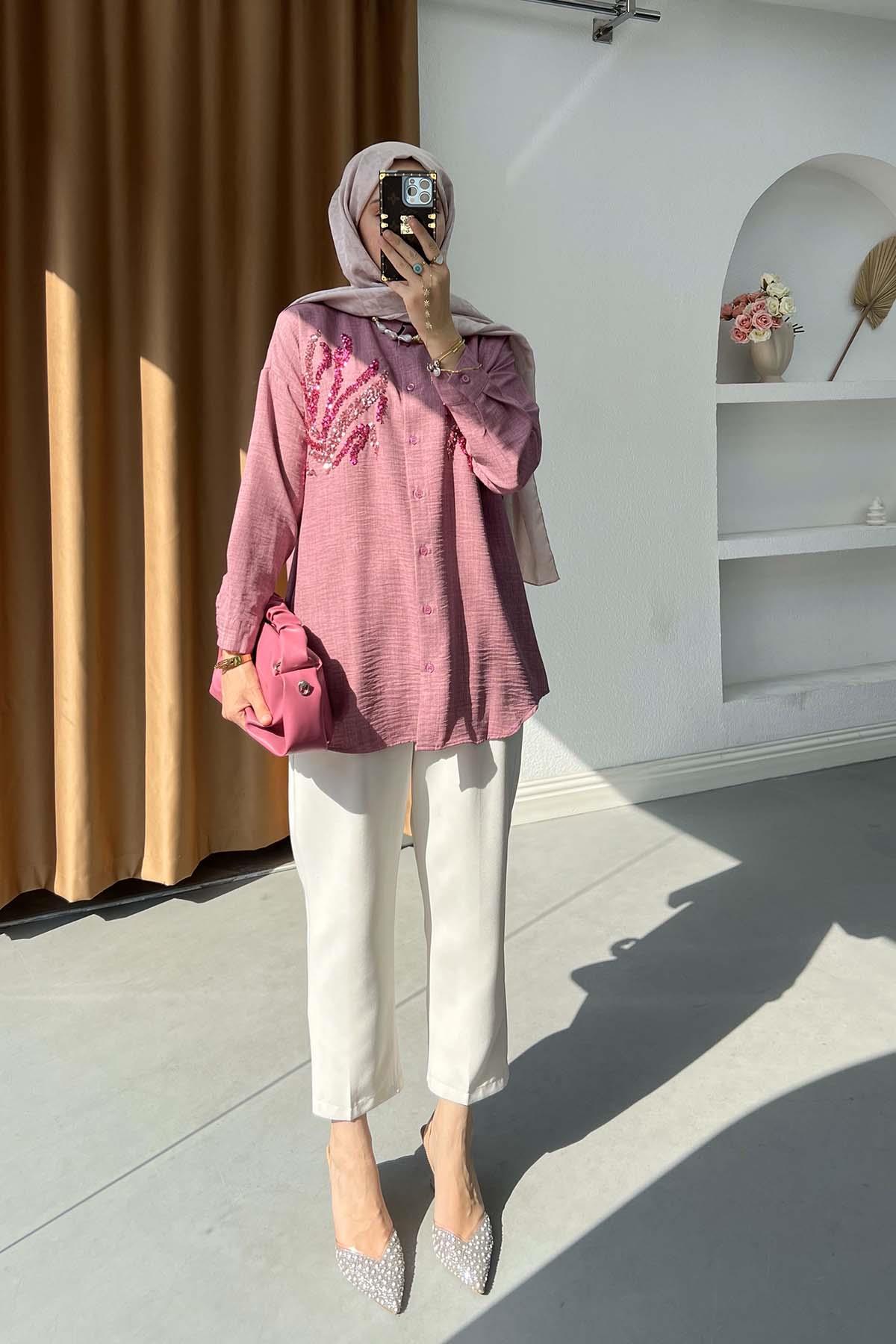 Sare Fashion Sequin Patterned Shirt Dusty Rose