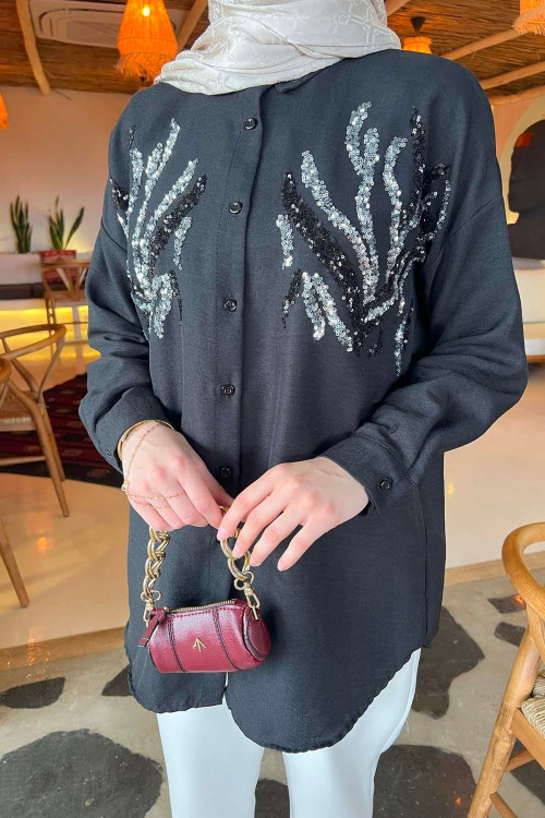 Sare Fashion Sequin Patterned Shirt Black