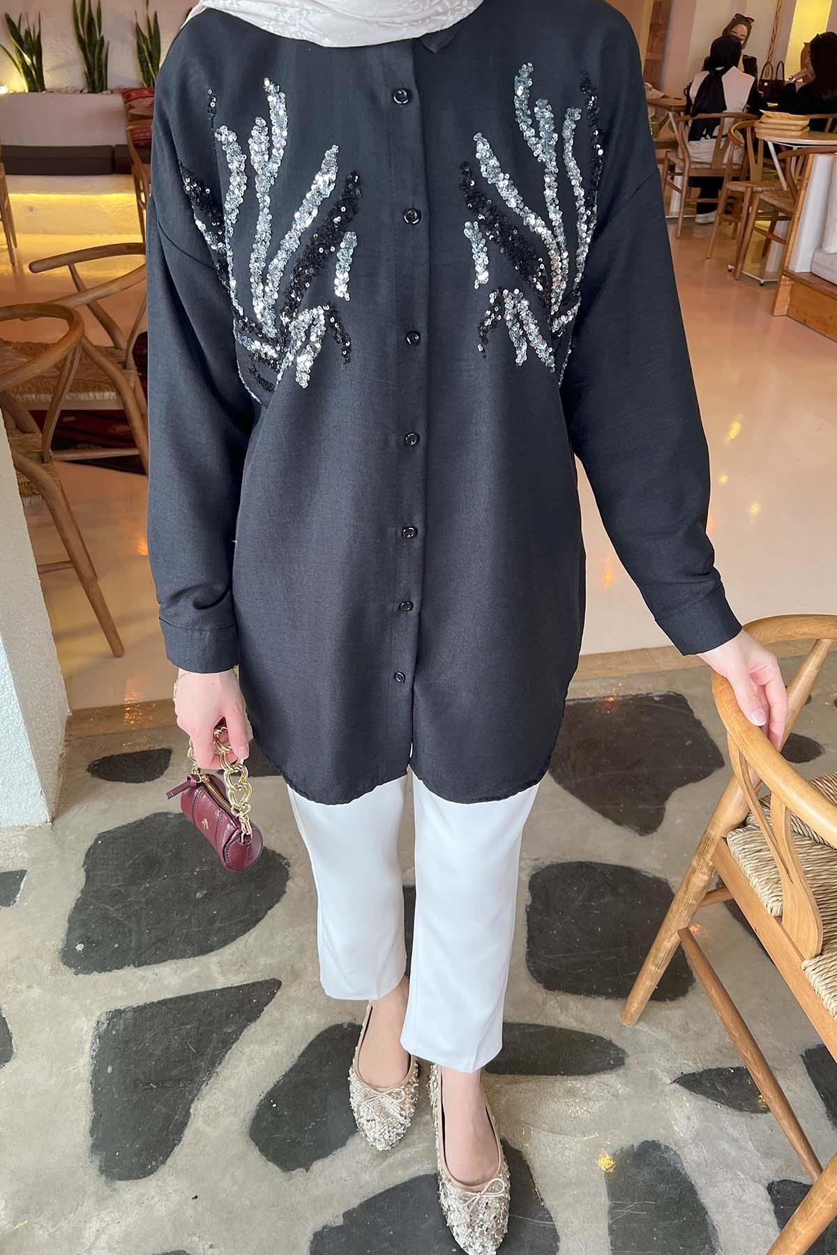 Sare Fashion Sequin Patterned Shirt Black