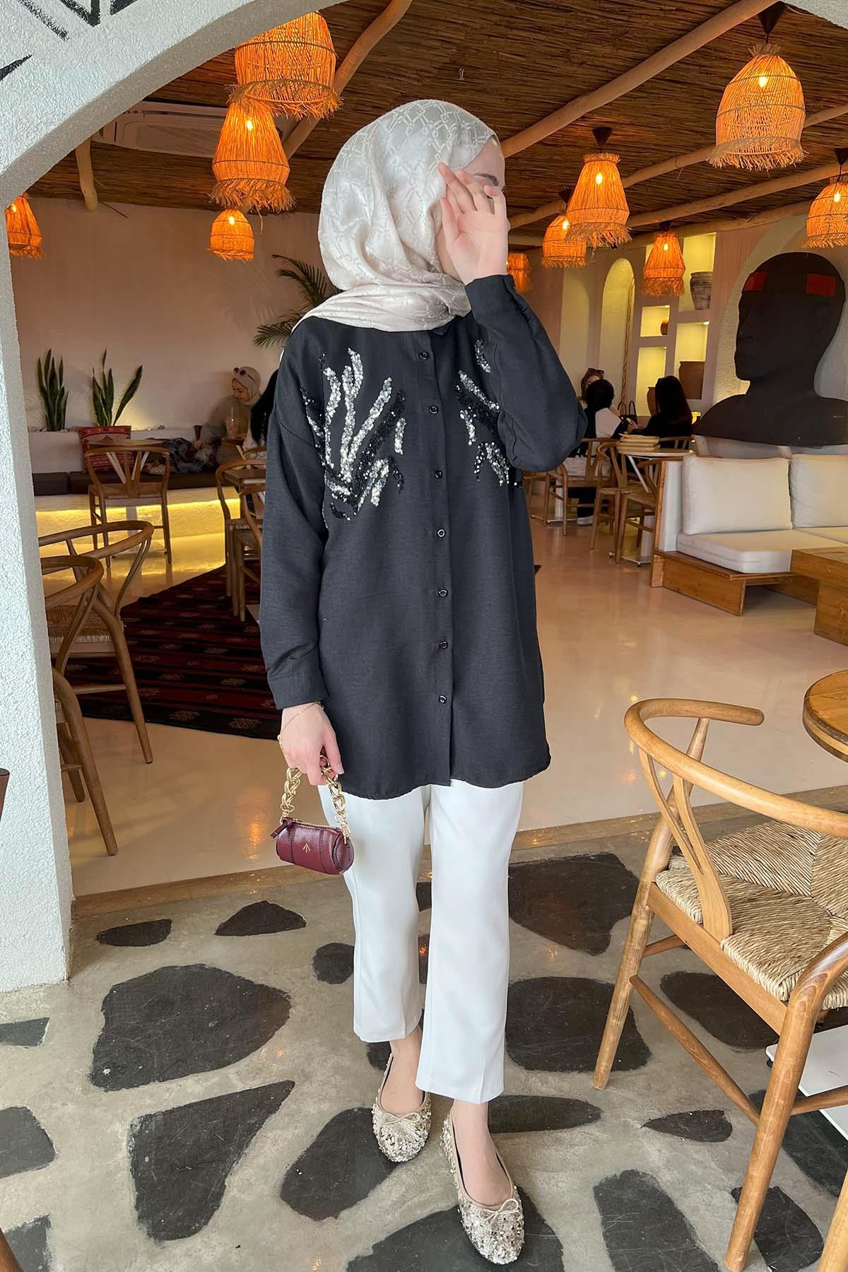 Sare Fashion Sequin Patterned Shirt Black