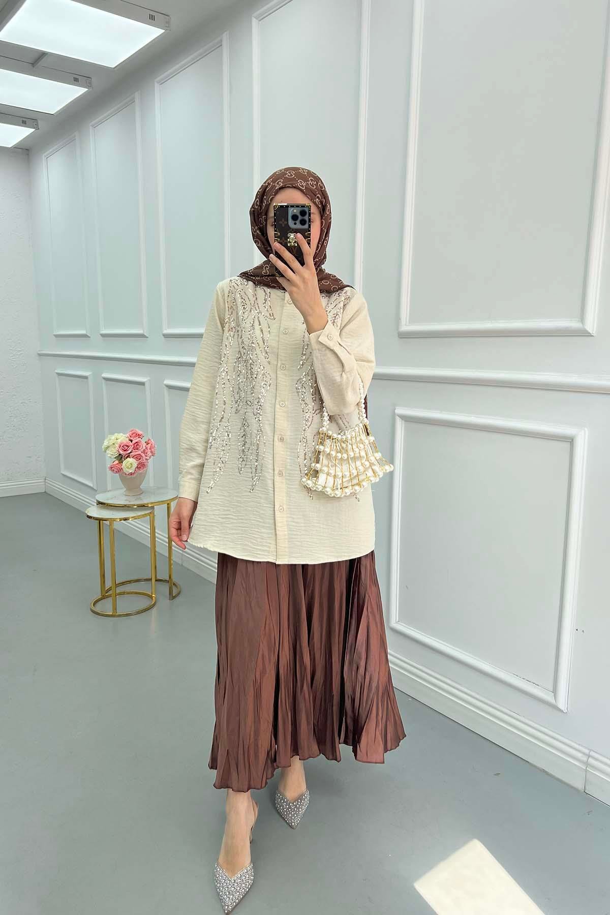 Sare Fashion Sequin Embroidered Shirt Beige