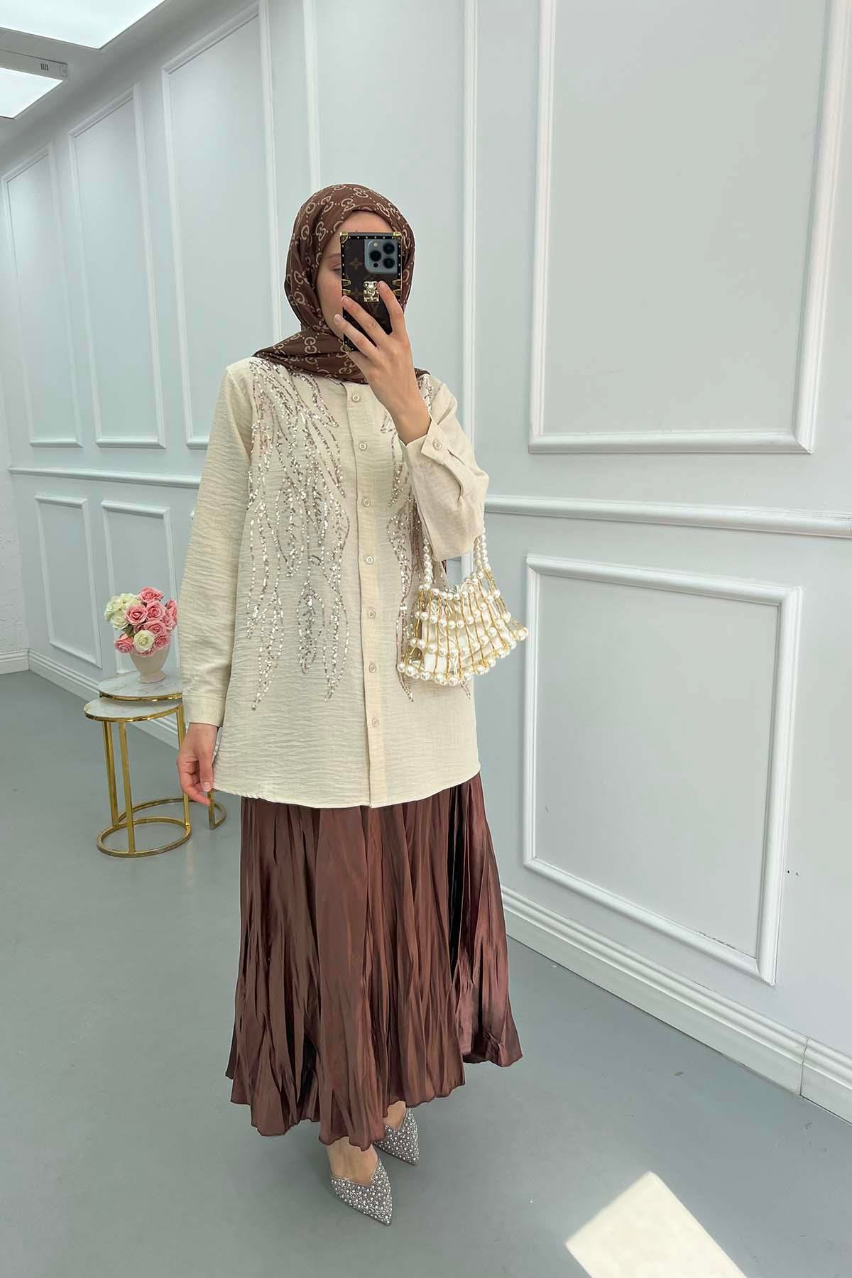 Sare Fashion Sequin Embroidered Shirt Beige