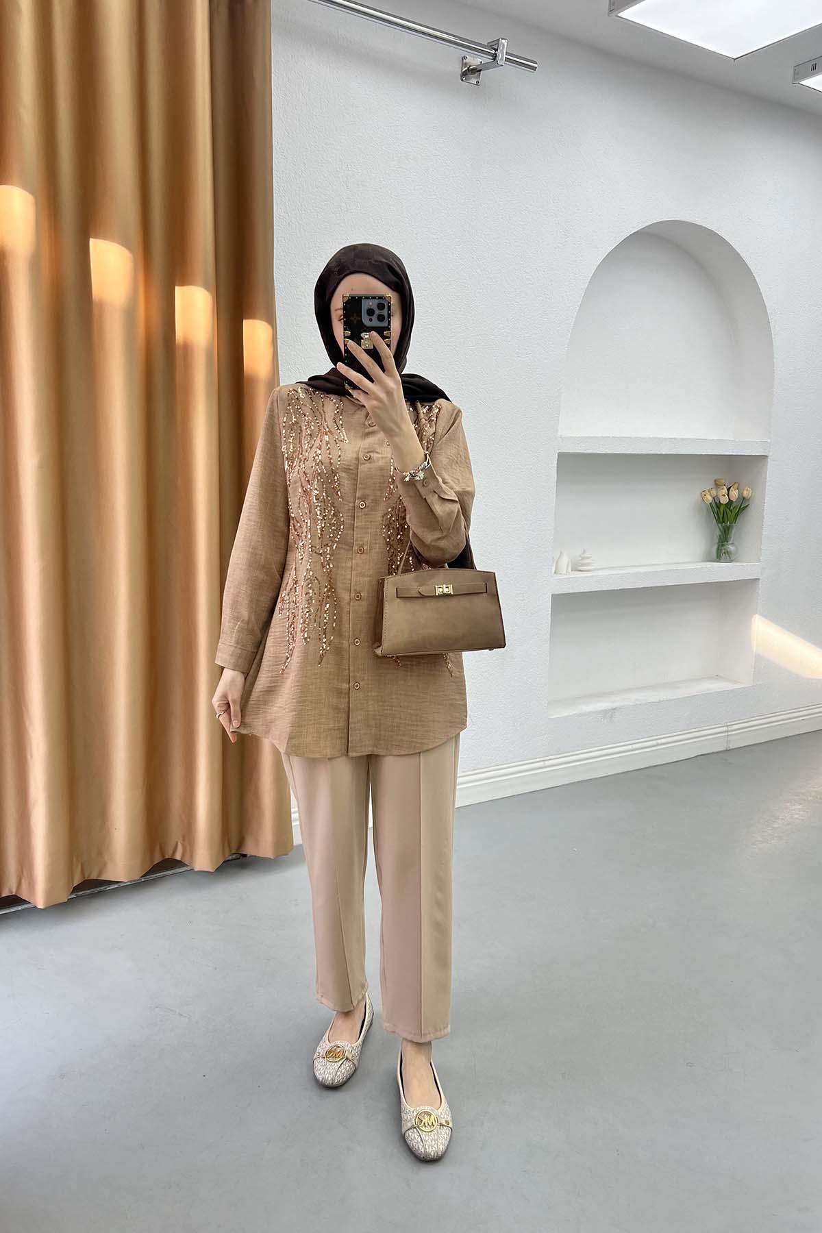 Sare Fashion Sequin Embroidered Shirt Camel