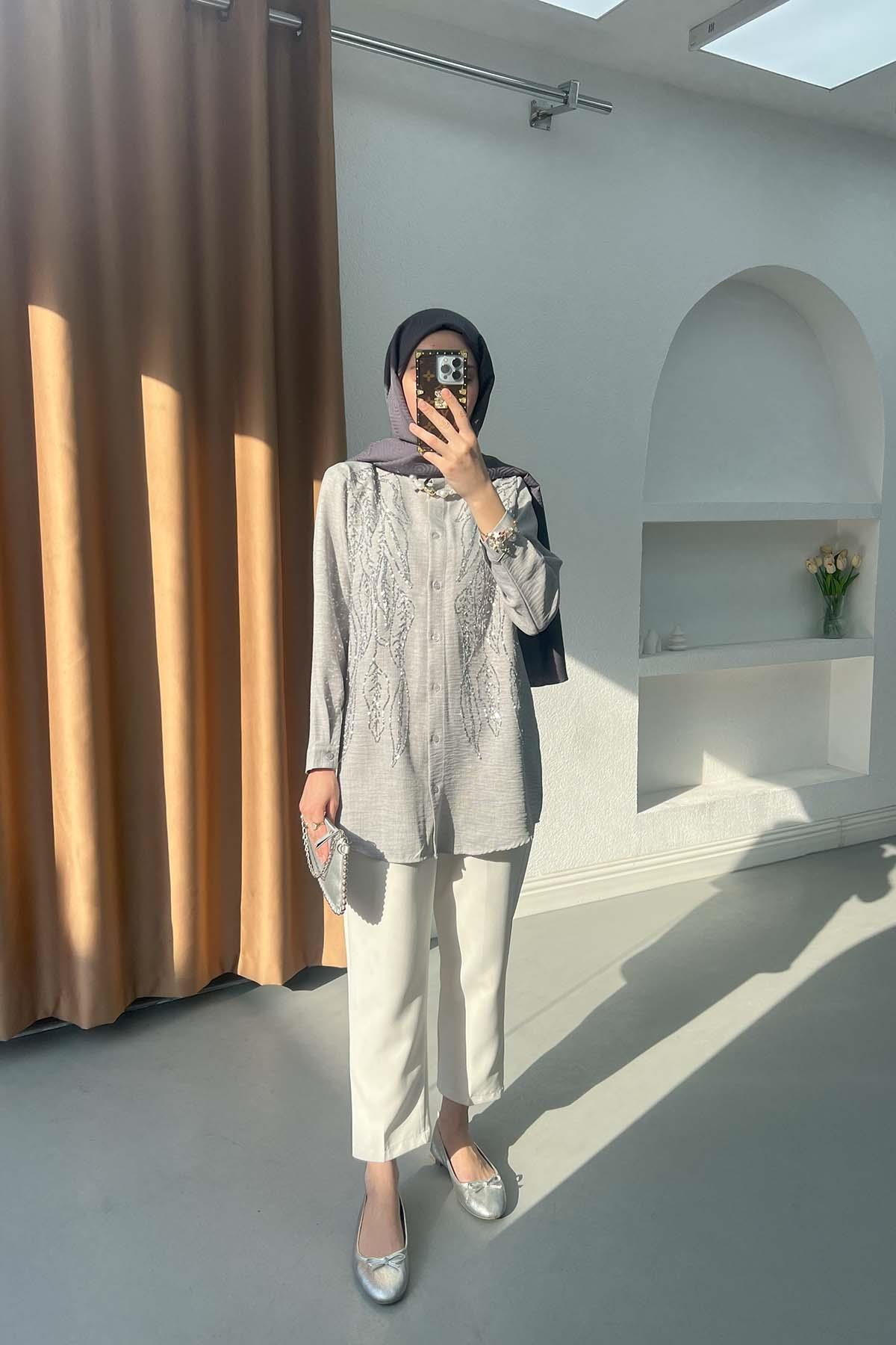 Sare Fashion Sequin Embroidered Shirt Gray