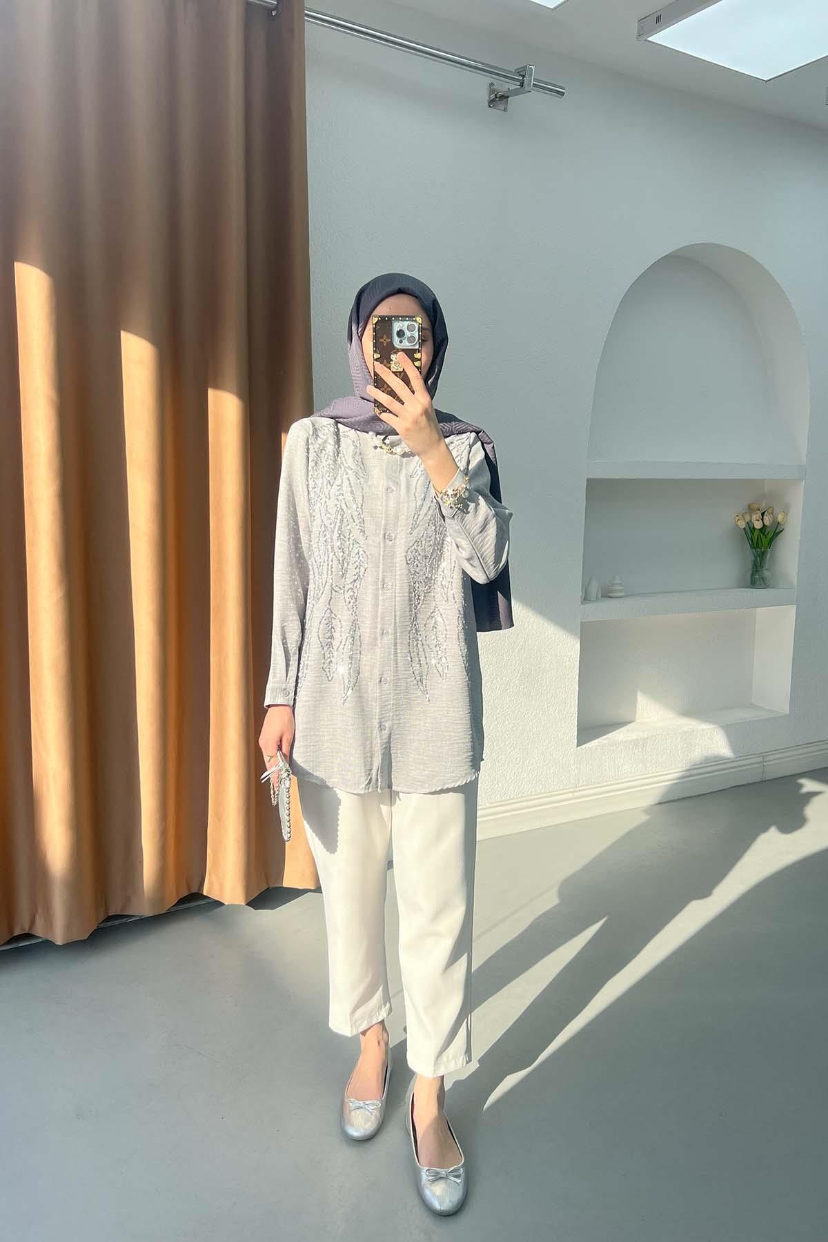 Sare Fashion Sequin Embroidered Shirt Gray