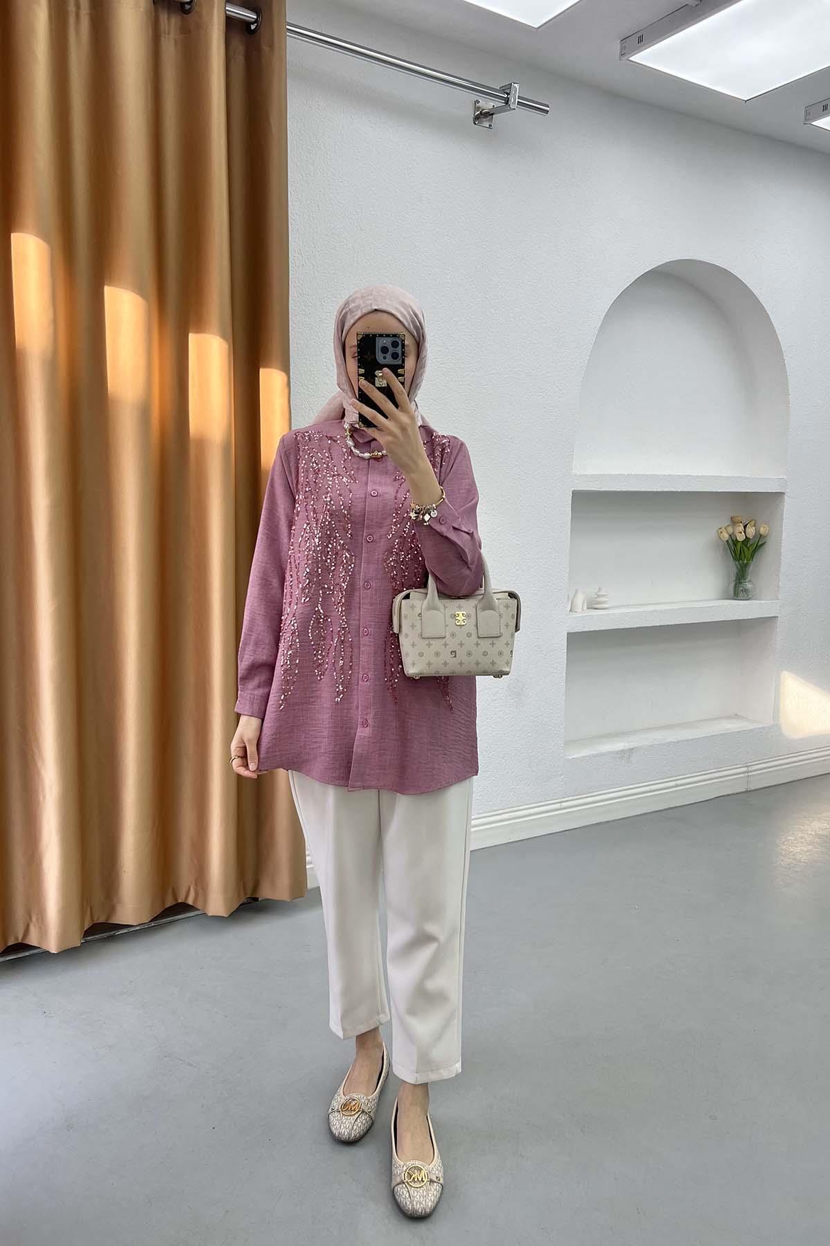 Sare Fashion Sequin Embroidered Shirt Dusty Rose