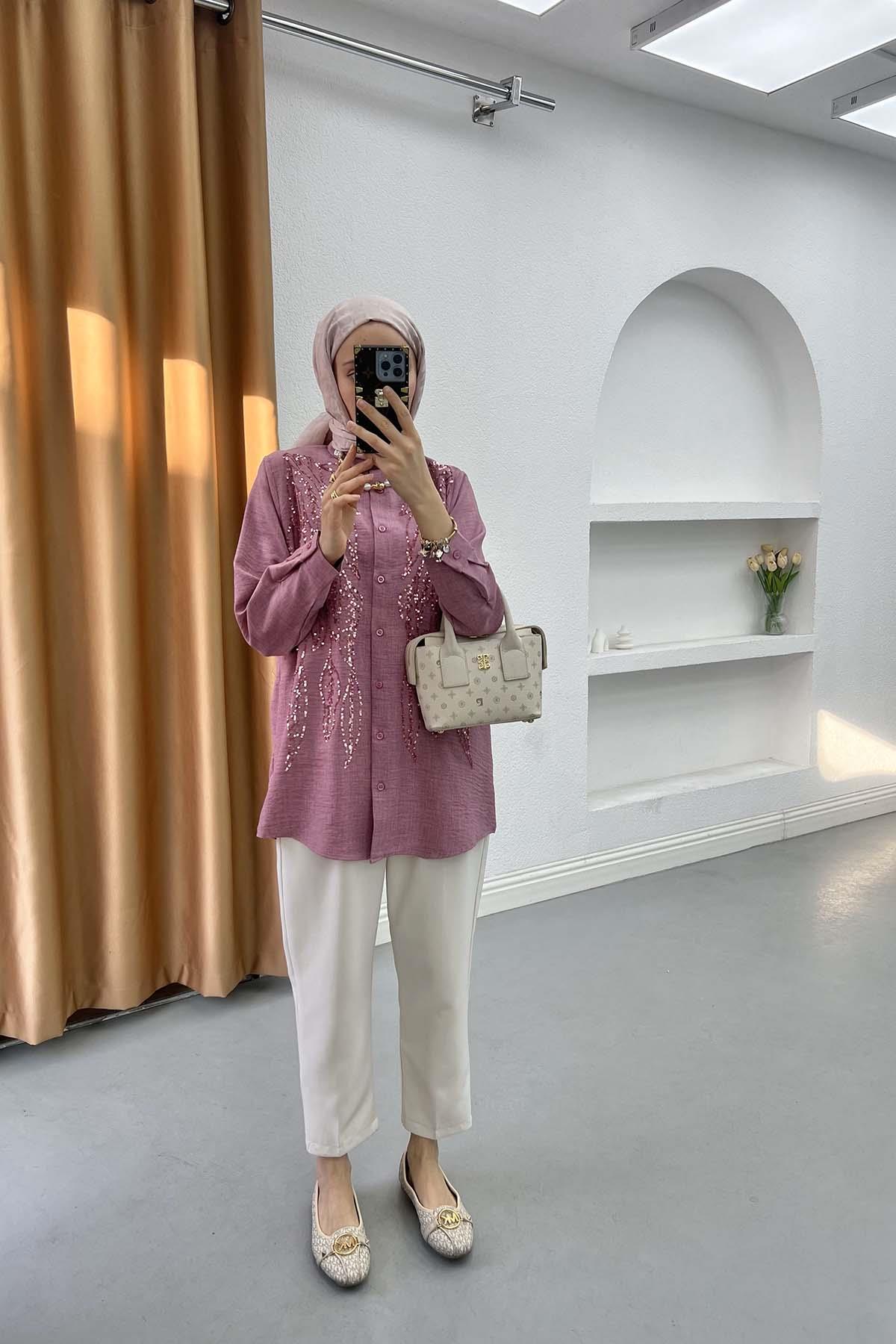 Sare Fashion Sequin Embroidered Shirt Dusty Rose