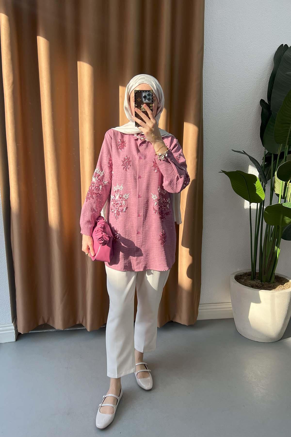 Sare Fashion Shirt with Sequin and Embroidery Details Dusty Rose