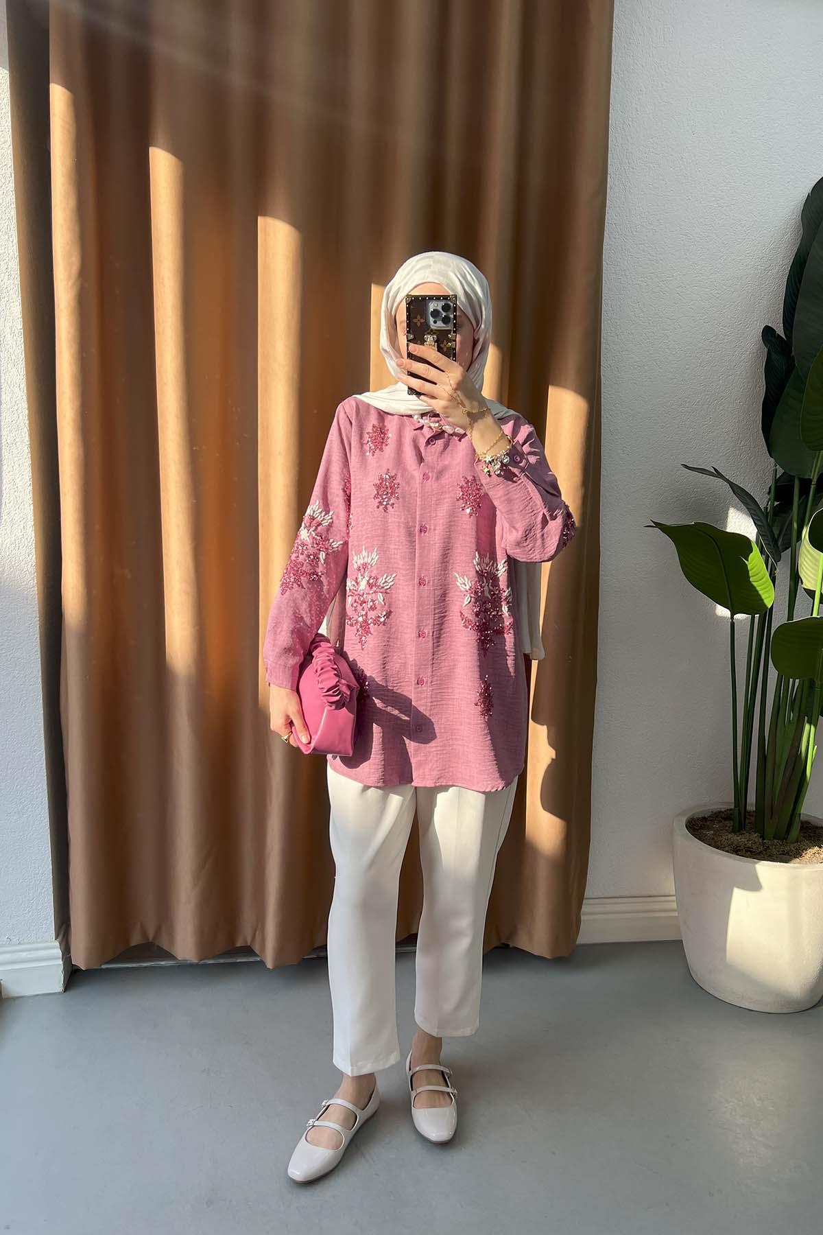 Sare Fashion Shirt with Sequin and Embroidery Details Dusty Rose