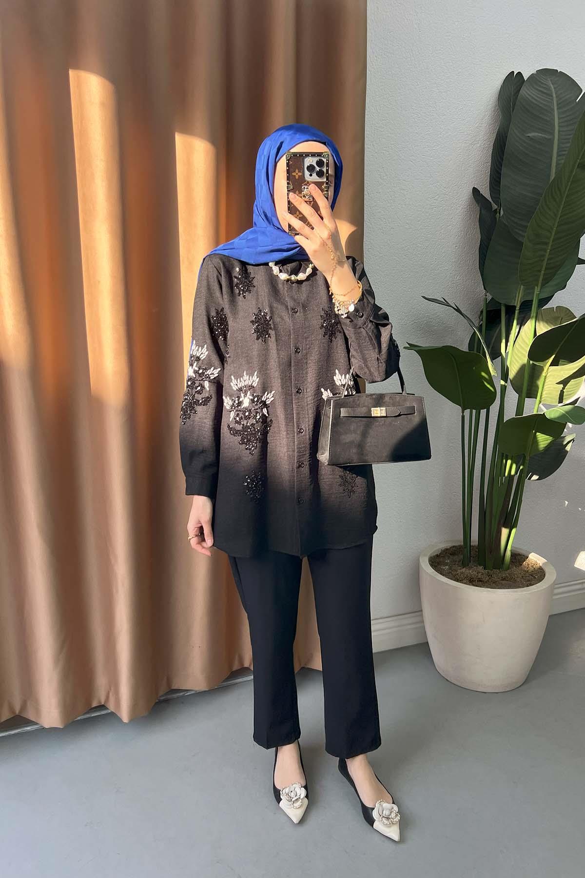 Sare Fashion Sequin and Embroidery Detailed Shirt Black