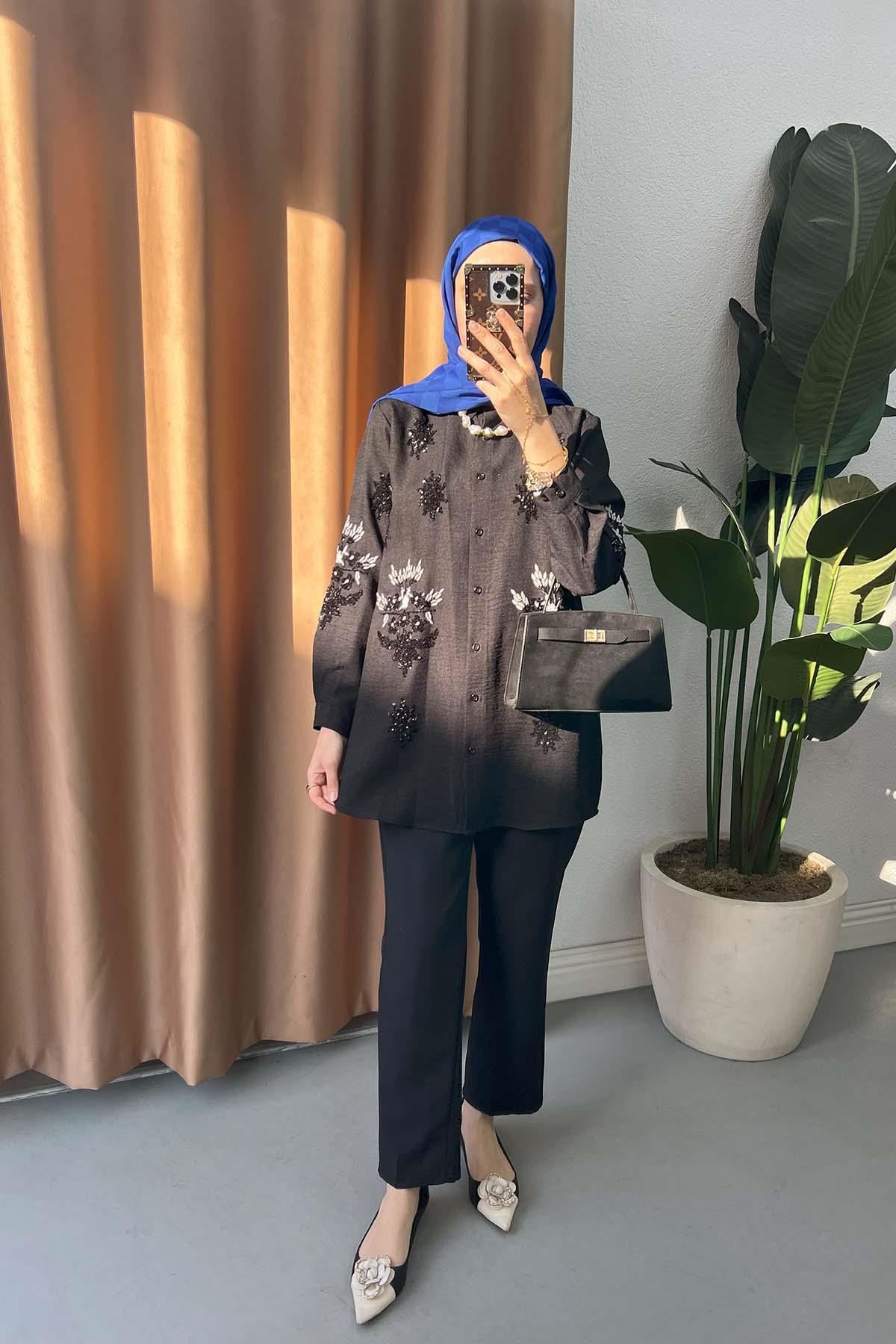 Sare Fashion Sequin and Embroidery Detailed Shirt Black