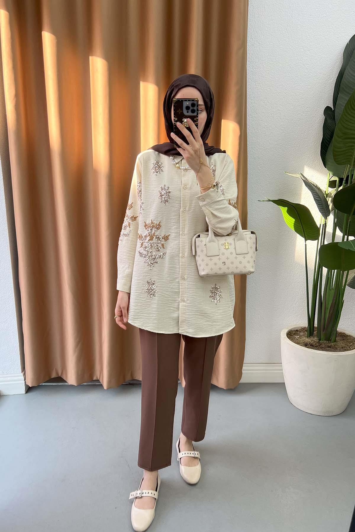 Sare Fashion Shirt Stone with Sequin and Embroidery Details