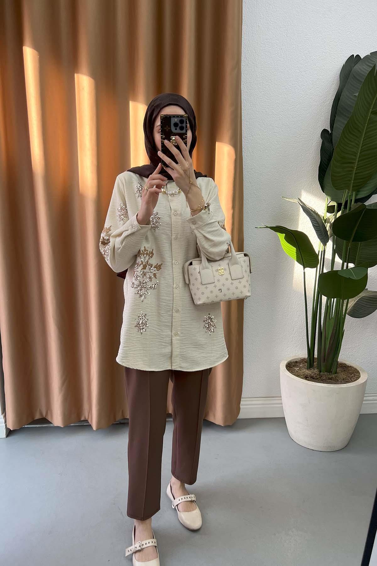 Sare Fashion Shirt Stone with Sequin and Embroidery Details