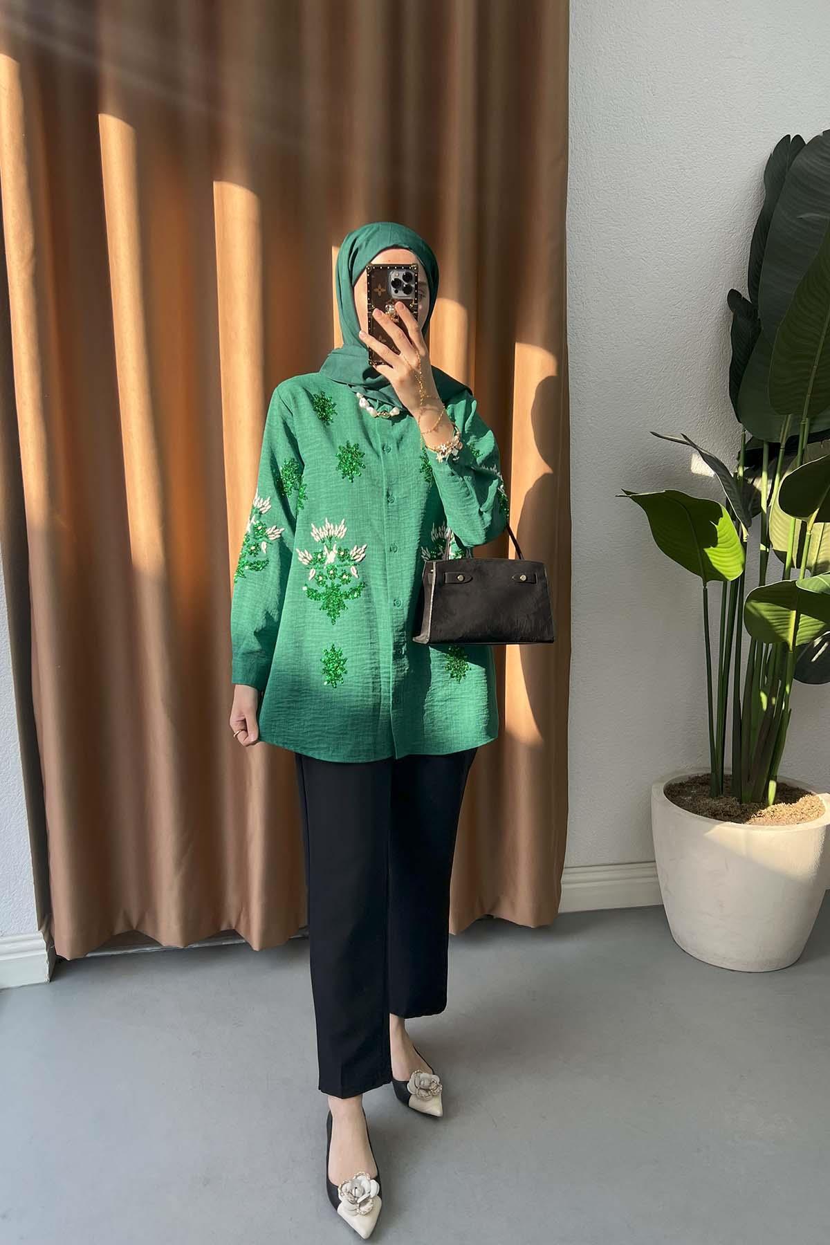 Sare Fashion Shirt with Sequin and Embroidery Details Green