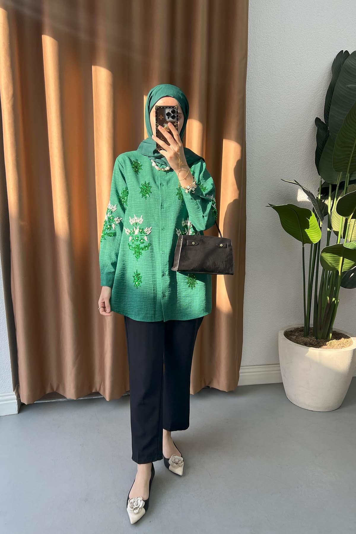 Sare Fashion Shirt with Sequin and Embroidery Details Green
