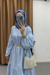 Sare Fashion Bohemian Dress with Ruffled Waist and Belt, Baby Blue