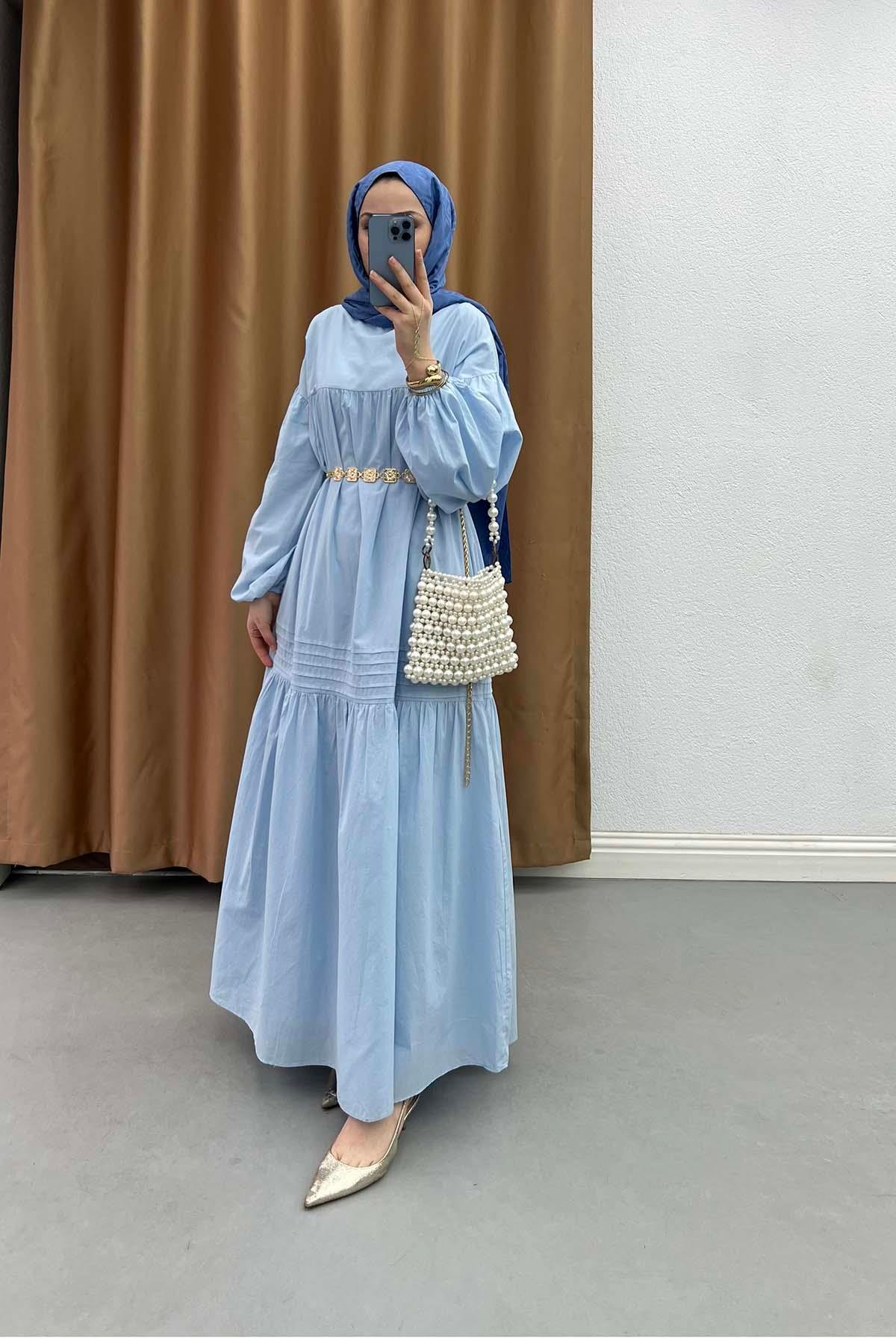 Sare Fashion Bohemian Dress with Ruffled Waist and Belt, Baby Blue