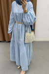 Sare Fashion Bohemian Dress with Ruffled Waist and Belt, Baby Blue